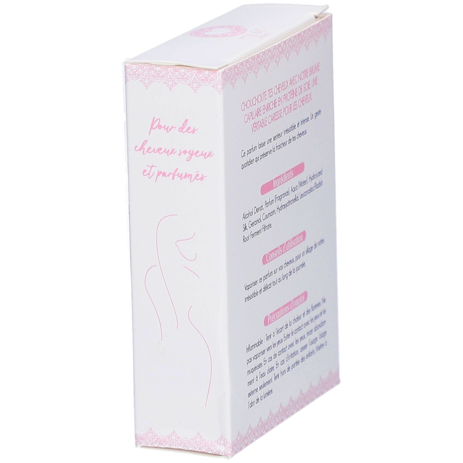 Karton, weiß mit rosa Text. Text: Für weiches und parfümiertes Haar, Inhaltsstoffe, Anwendungshinweise, Vorsichtsmaßnahmen.