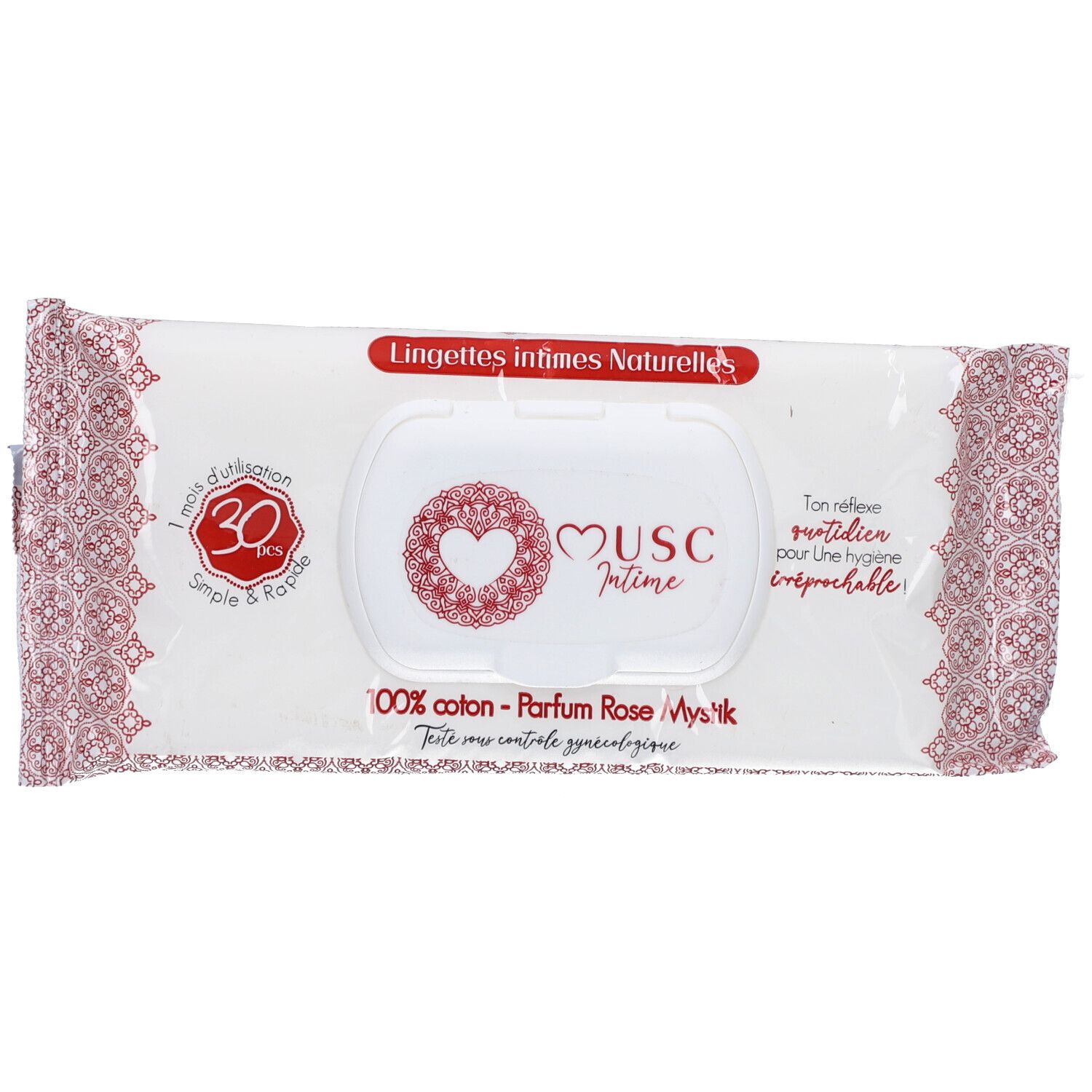 Paquet de lingettes intimes. Logo Musc Intime, 30 lingettes, 100% coton, parfum Rose Mystik.