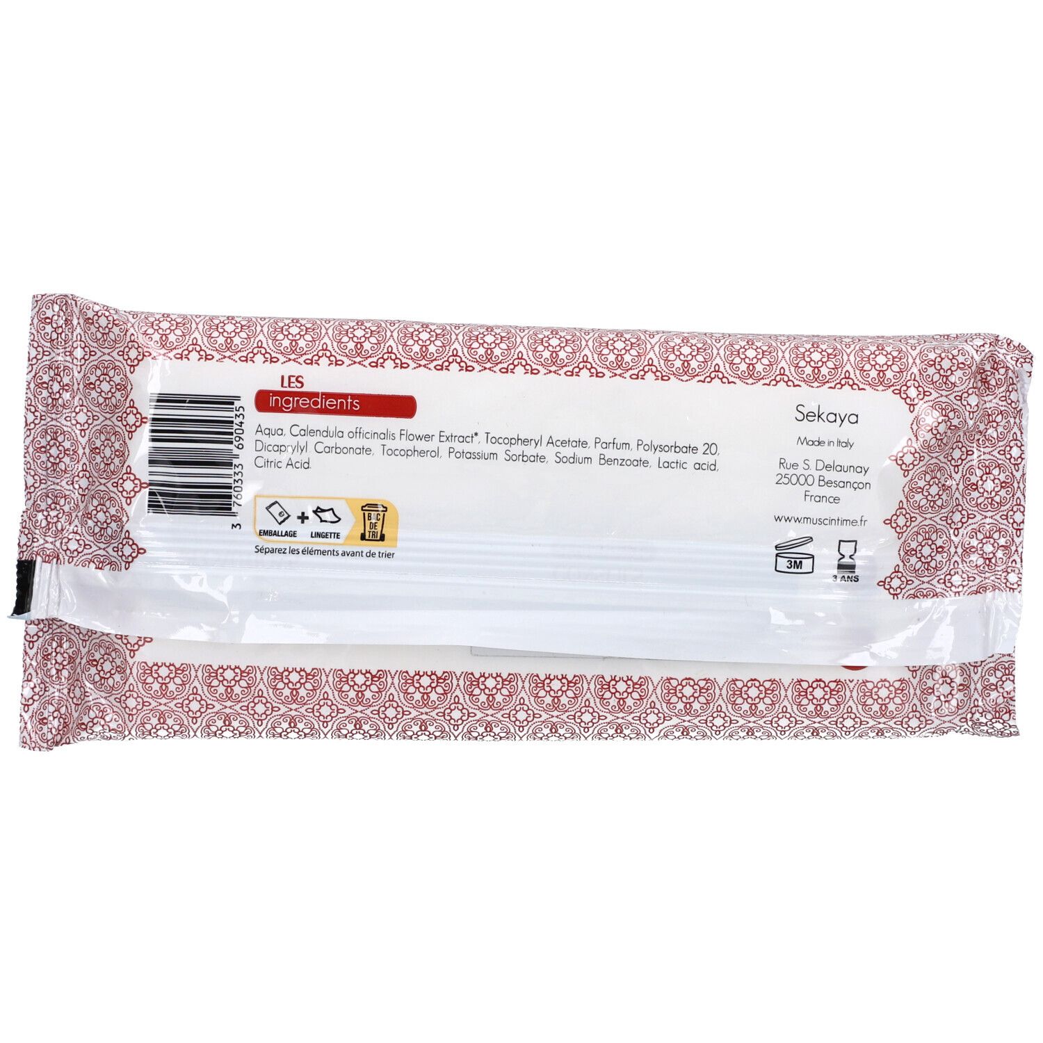 Dos du paquet de lingettes intimes. Liste des ingrédients, code-barres, informations fabricant.