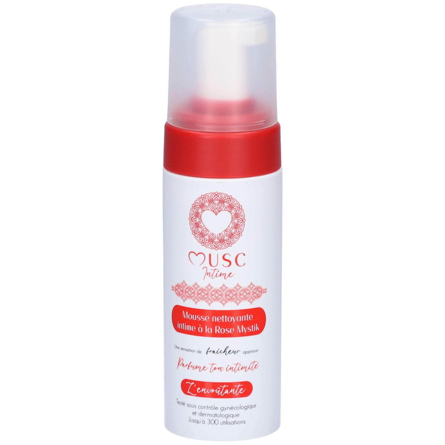 Flacon blanc et rouge avec pompe. Inscription: Musc Intime, Mousse nettoyante intime à la Rose Mystik.