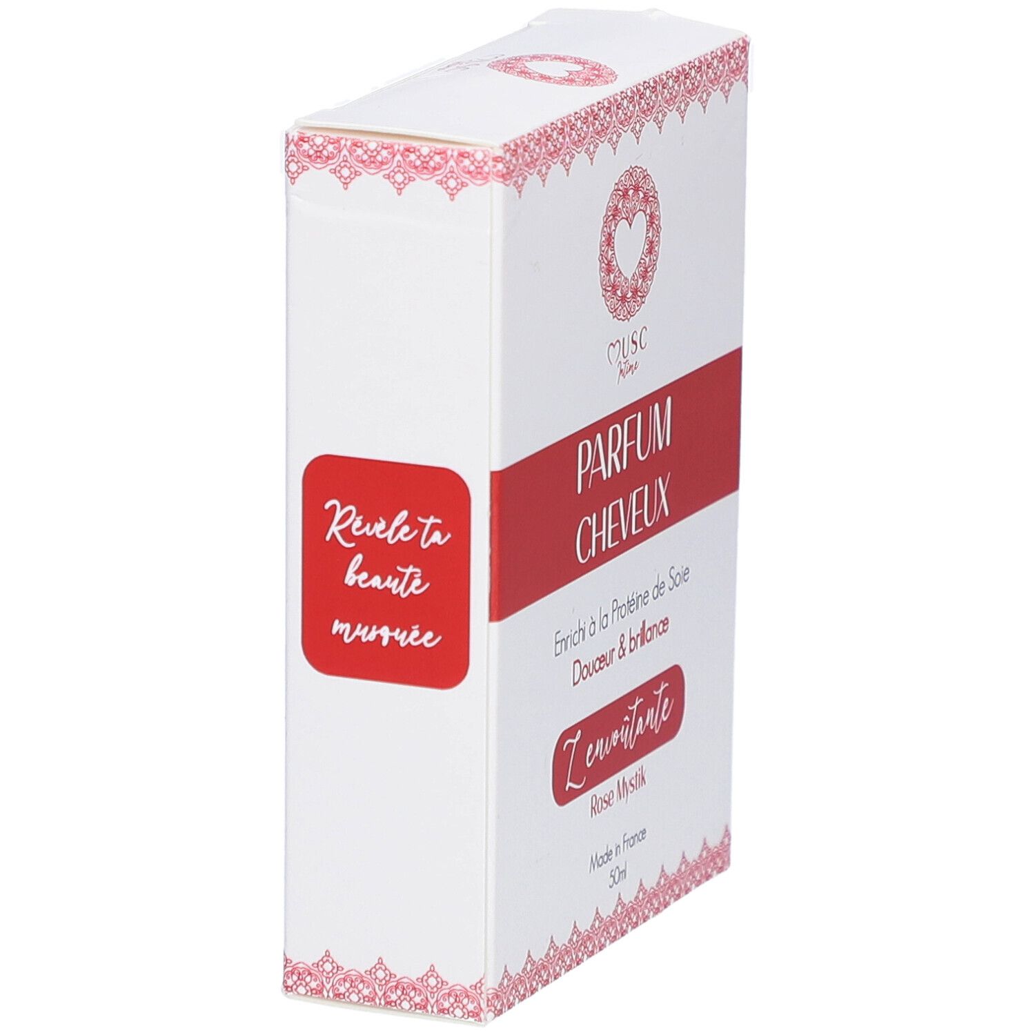 Weißer Karton mit rotem Aufkleber. Aufschrift: PARFUM CHEVEUX. Enthält Seidenproteine. Rose Mystik. Made in France. 50ml.