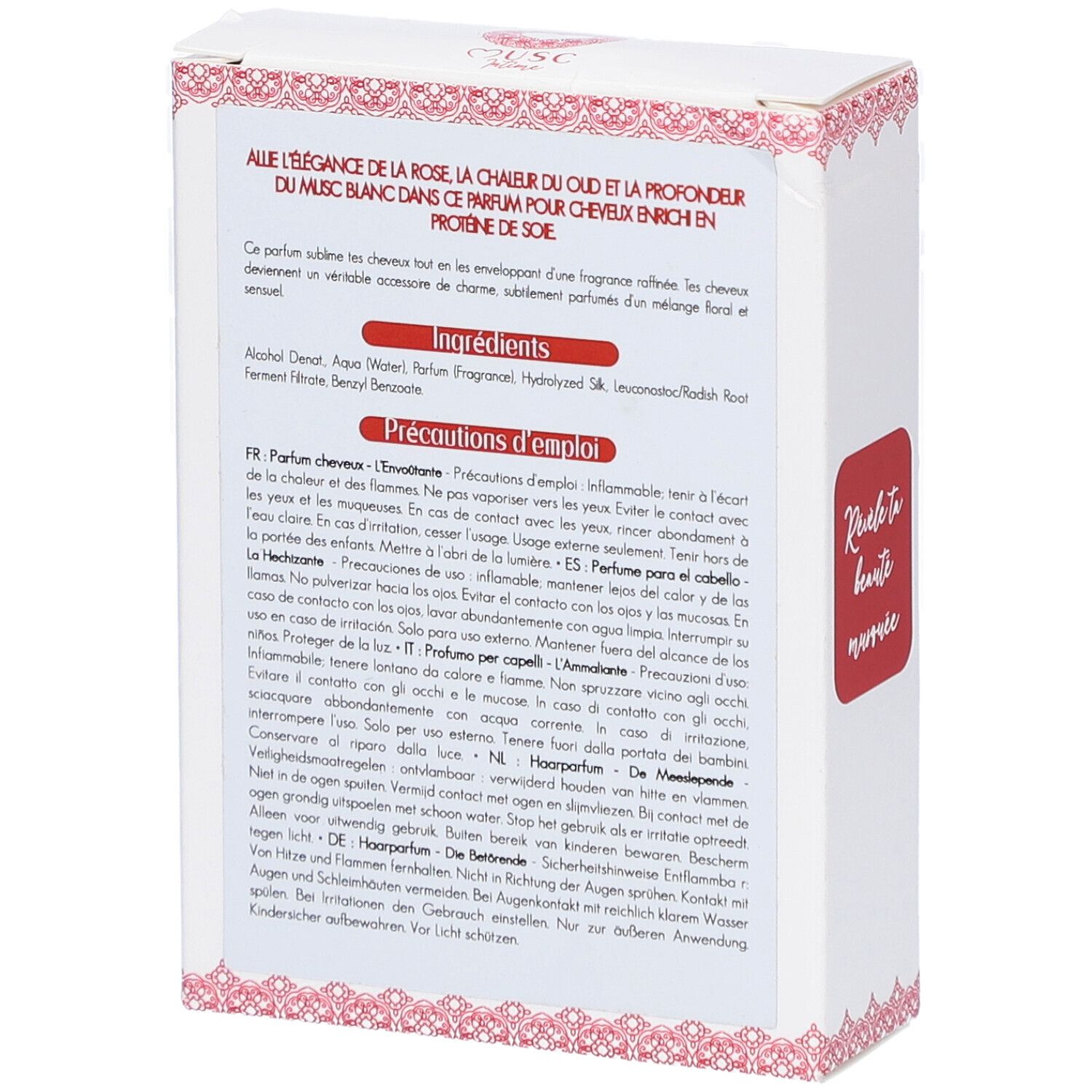 Weißer Karton mit Text. Enthält Inhaltsstoffe und Anwendungshinweise. Mit rotem Aufkleber. Text in Französisch, Italienisch, Deutsch, Niederländisch.