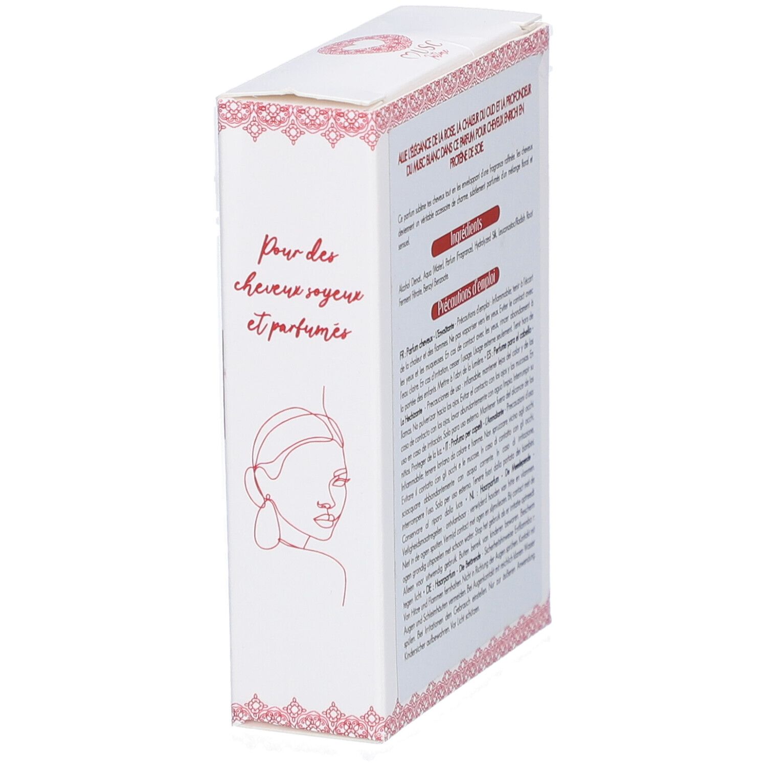 Weißer Karton mit Text und Illustration. Text in Französisch. Enthält Inhaltsstoffe und Anwendungshinweise. Mit rotem Aufkleber.