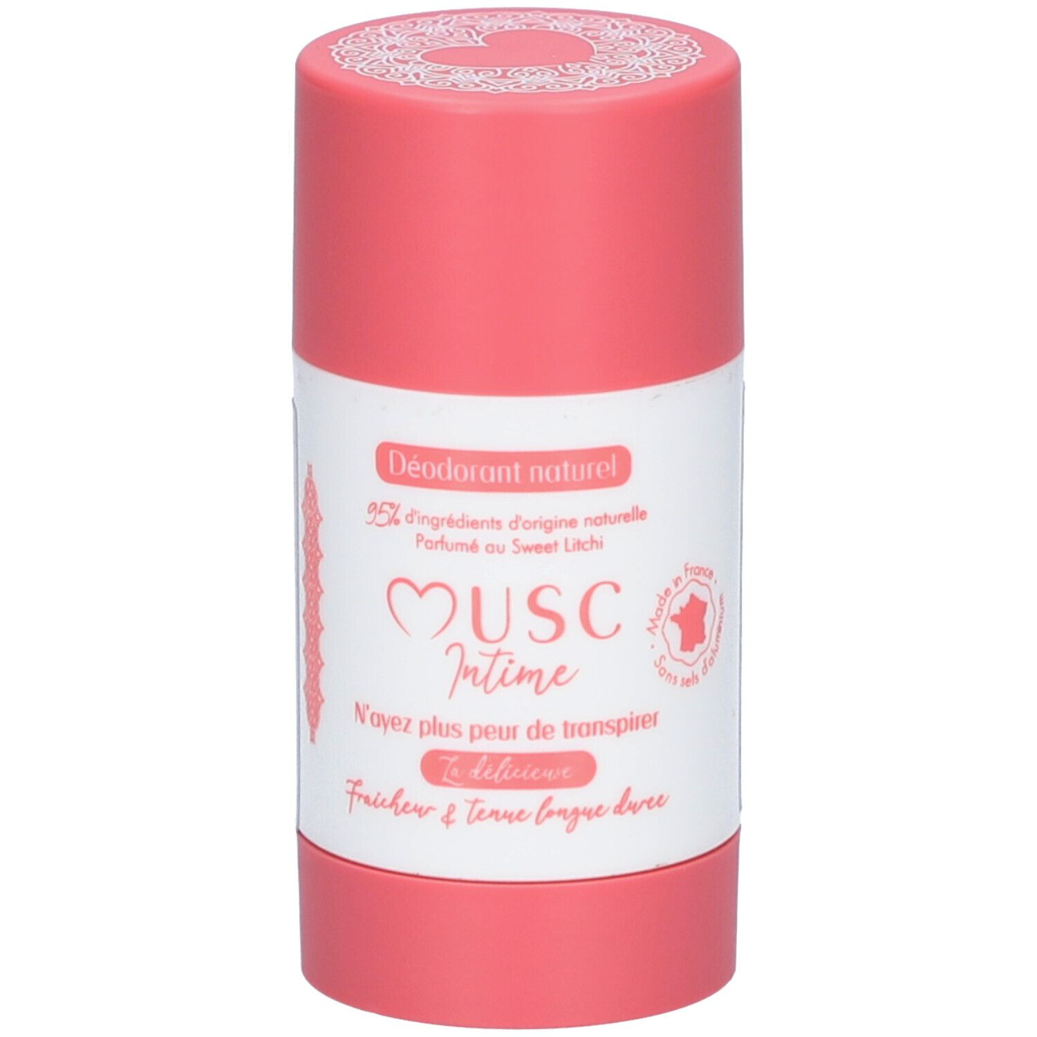 Deodorant-Stick in Rosa. Etikett mit Text: Musc Intime, Deodorant naturel, 95% Inhaltsstoffe natürlichen Ursprungs.