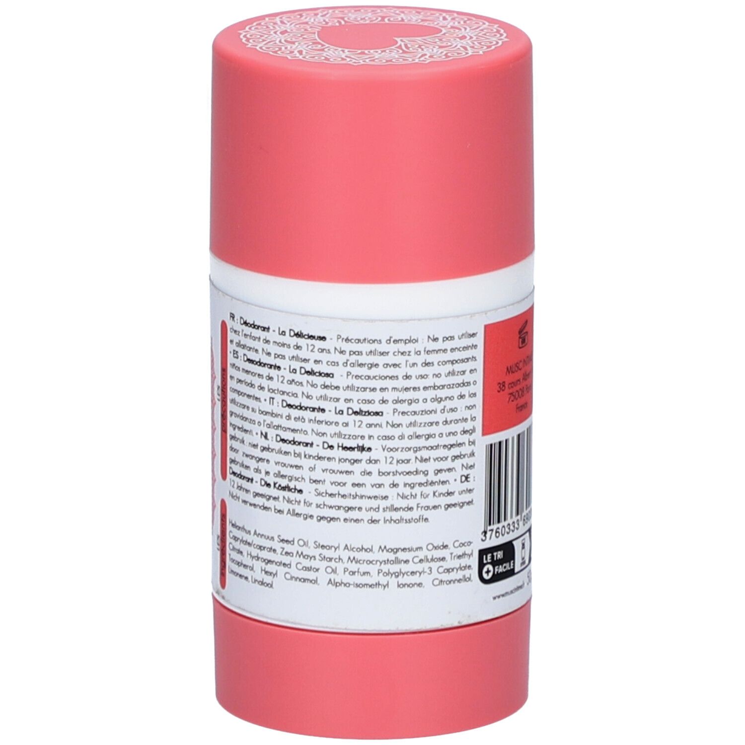 Deodorant-Stick, Rückseite. Etikett mit Text in mehreren Sprachen, Inhaltsstoffe und Warnhinweise.