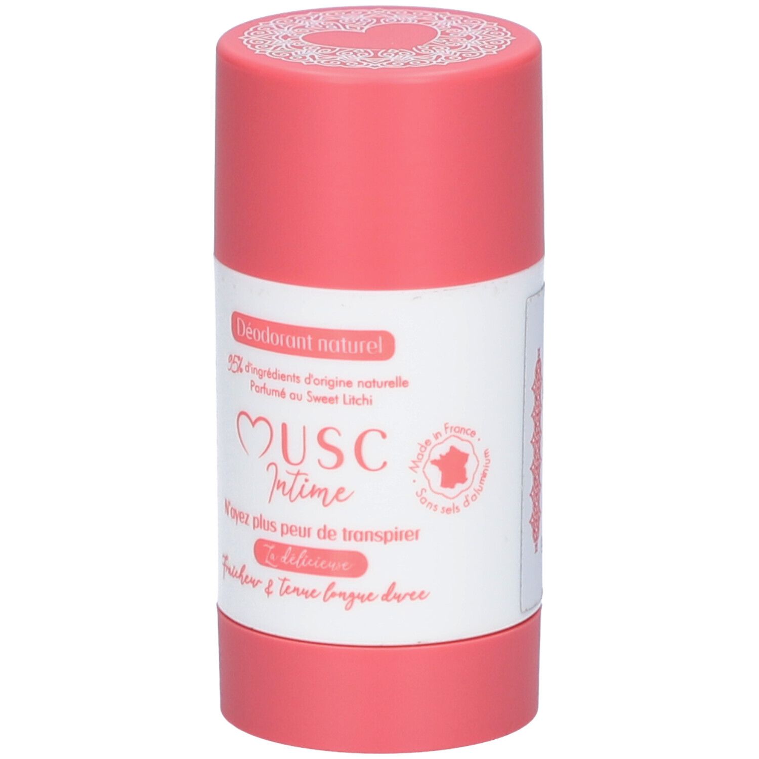 Deodorant-Stick in Rosa. Etikett mit Text: Musc Intime, Déodorant naturel, 95% Inhaltsstoffe natürlichen Ursprungs.