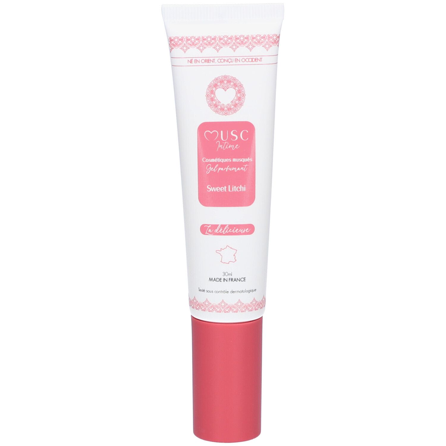 Tube blanc et rose. Inscription: Musc Intime, Gel parfumant, Sweet Litchi. Bouchon rose. Fabriqué en France.