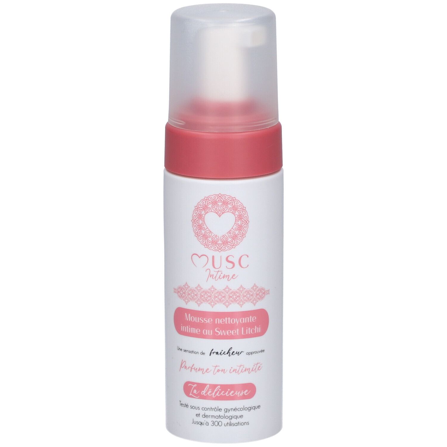 Flacon blanc et rose avec pompe. Inscription: Musc Intime, Mousse nettoyante intime au Sweet Litchi.