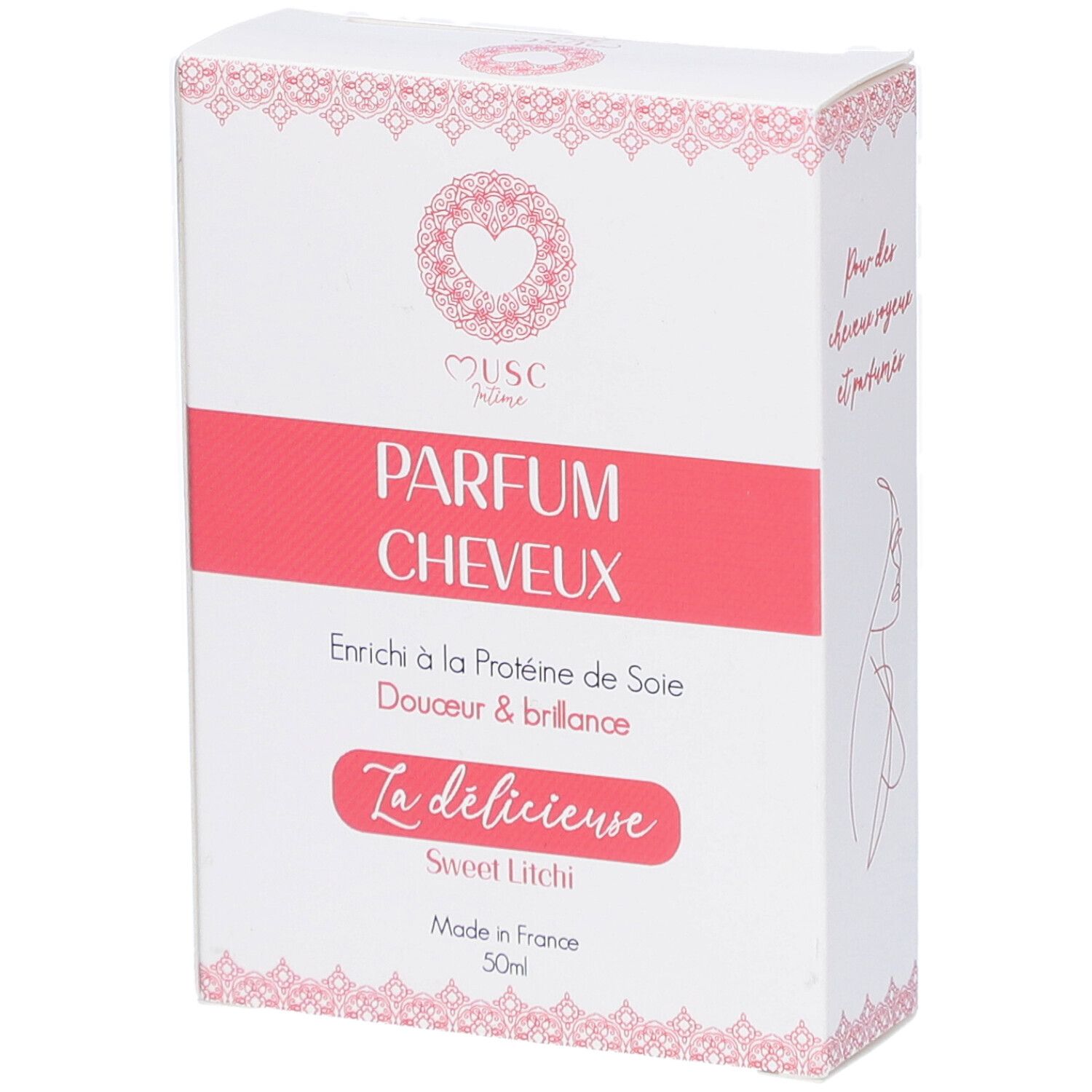 Weißer Karton mit rosa Akzenten. Text: "Musc Intime Parfum Cheveux". "La délicieuse Sweet Litchi". Hergestellt in Frankreich.