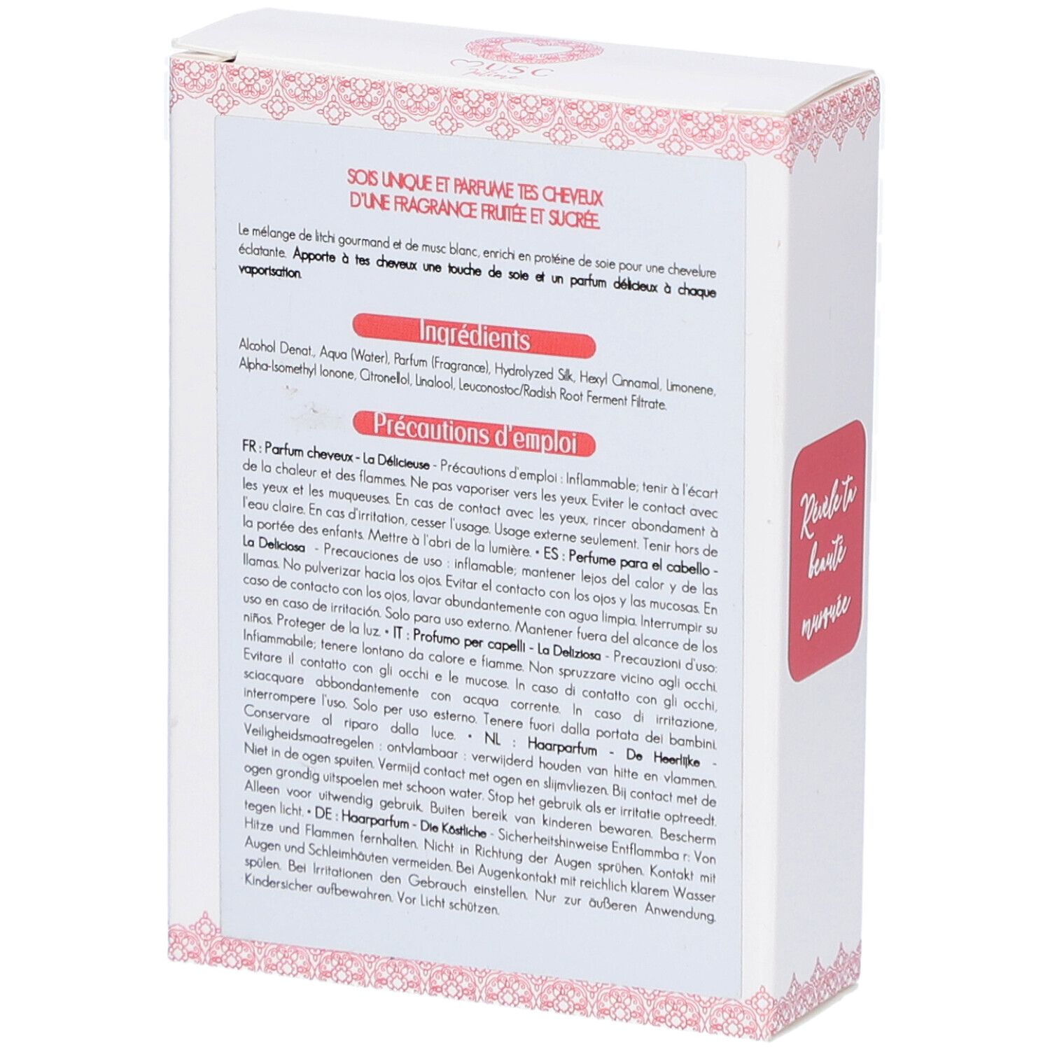 Rückseite der Verpackung. Text: Inhaltsstoffe, Anwendungshinweise in mehreren Sprachen. Rosa und weißes Design.