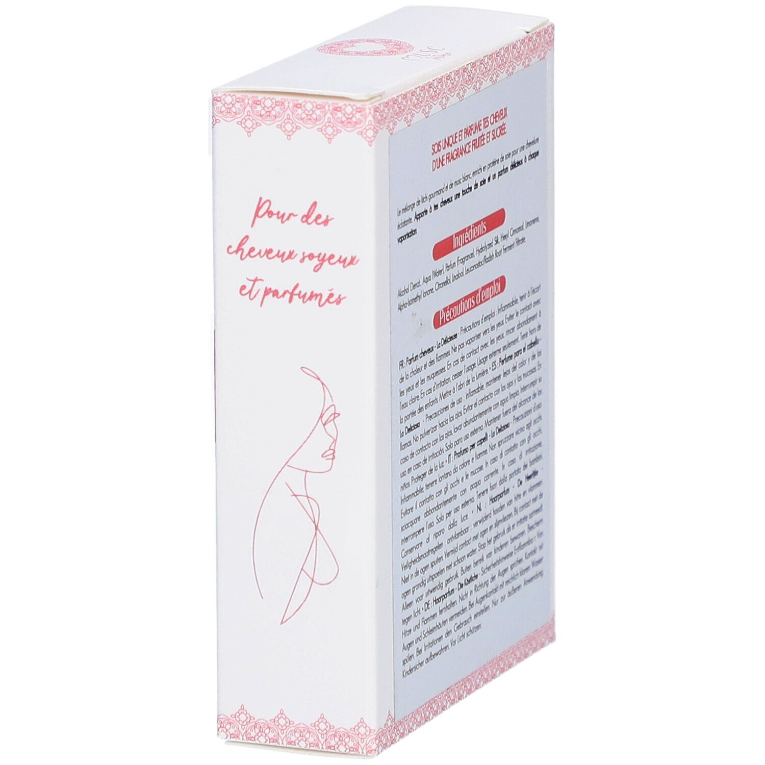 Seite der Verpackung. Text: "Pour des cheveux soyeux et parfumés". Rosa und weißes Design. Frauenskizze.