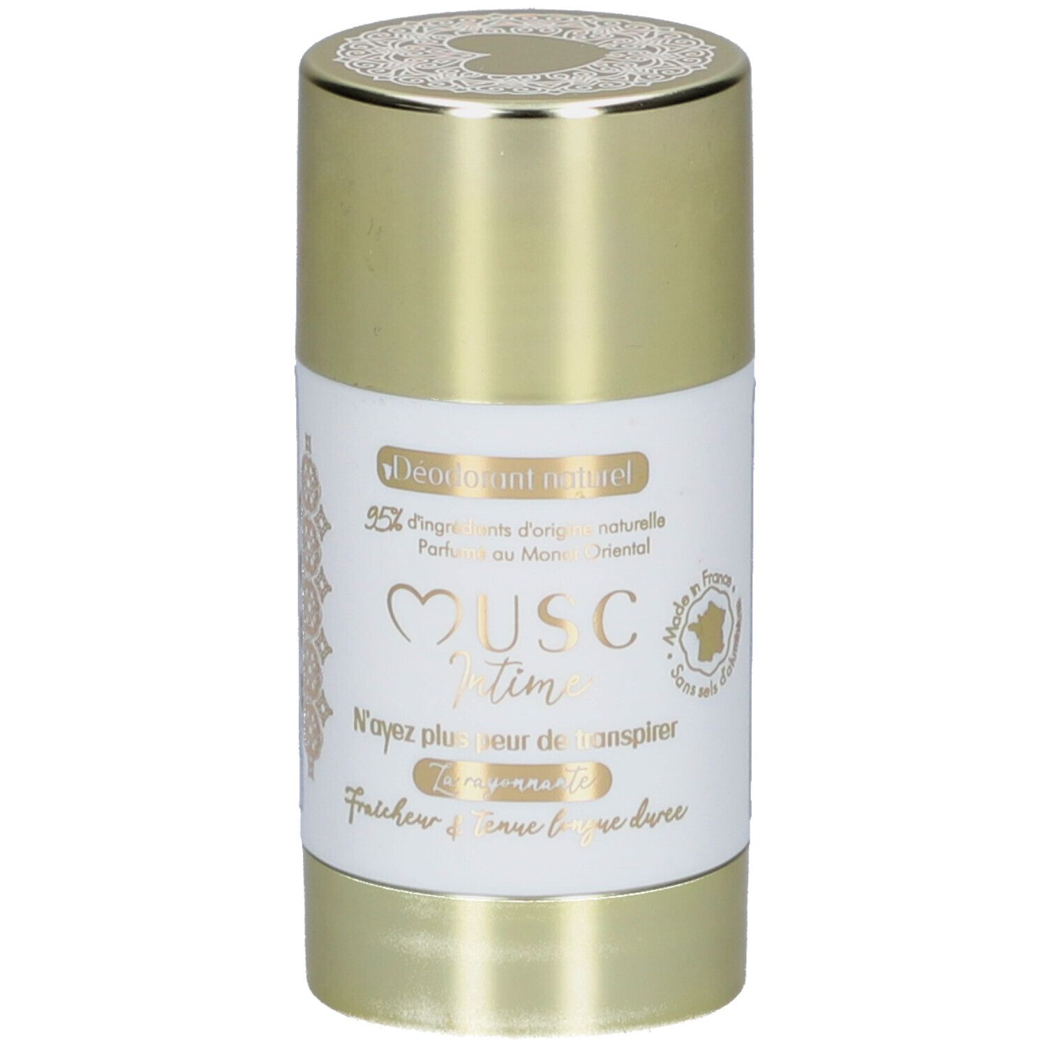 Déodorant en stick cylindrique, capuchon doré. Étiquette blanche avec nom et texte du produit. "Musc Intime" est visible.