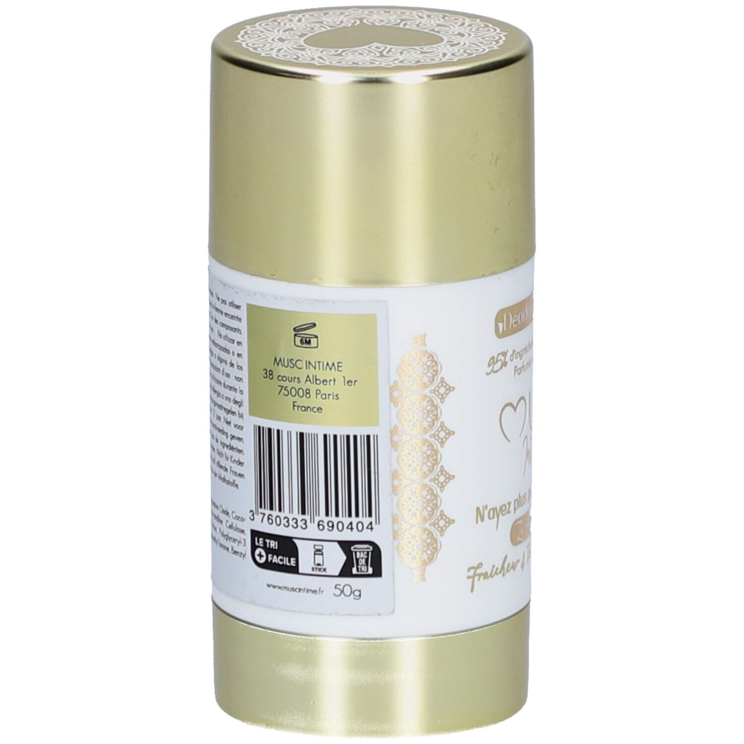 Dos du stick déodorant. Code-barres, adresse et poids (50g) visibles. "Musc Intime" sur l'étiquette.