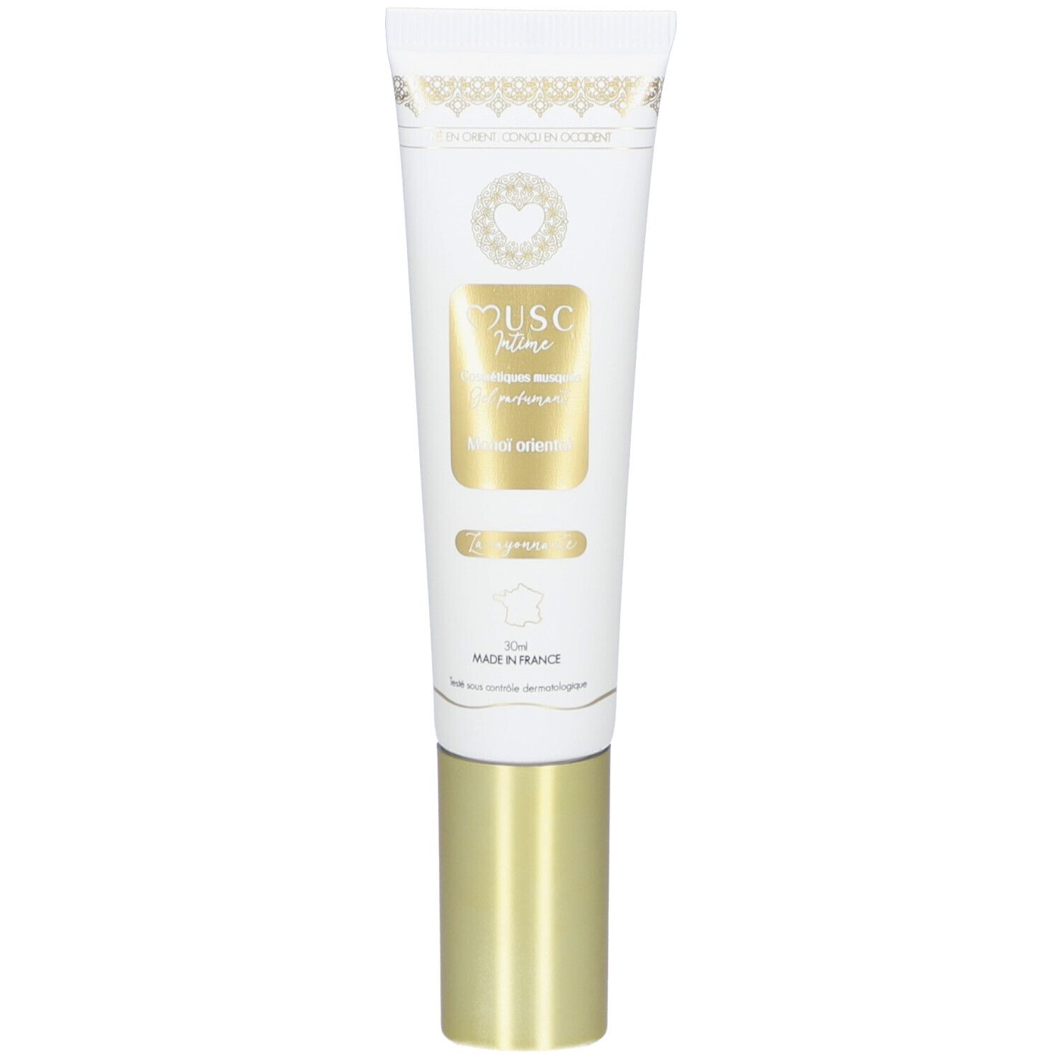 Weiß-goldene Tube. Aufschrift: Musc Intime, Gel parfumé, Monoï Oriental. Hergestellt in Frankreich.