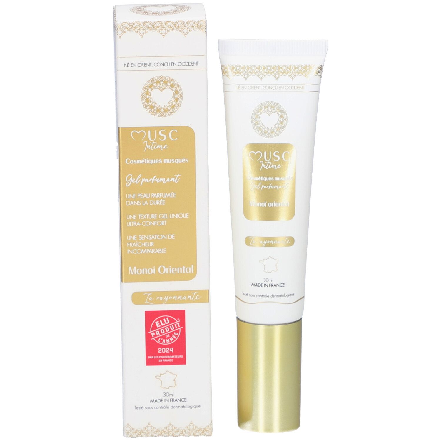 Produktverpackung und Tube. Aufschrift: Musc Intime, Gel parfumé, Monoï Oriental. Mit Auszeichnung.