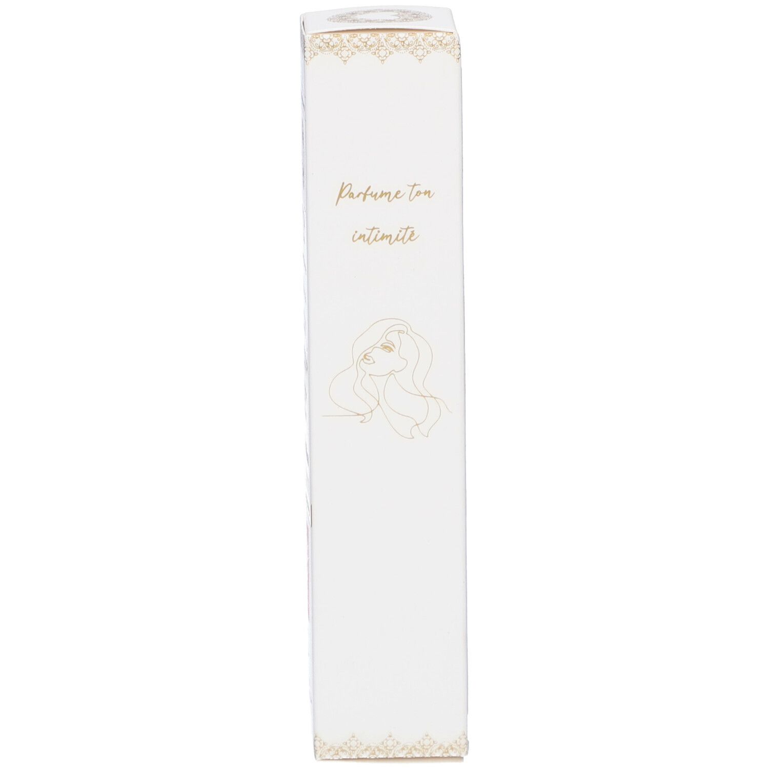 Schmale Produktverpackung. Aufschrift: Parfume ton intimité. Abbildung einer Frau.