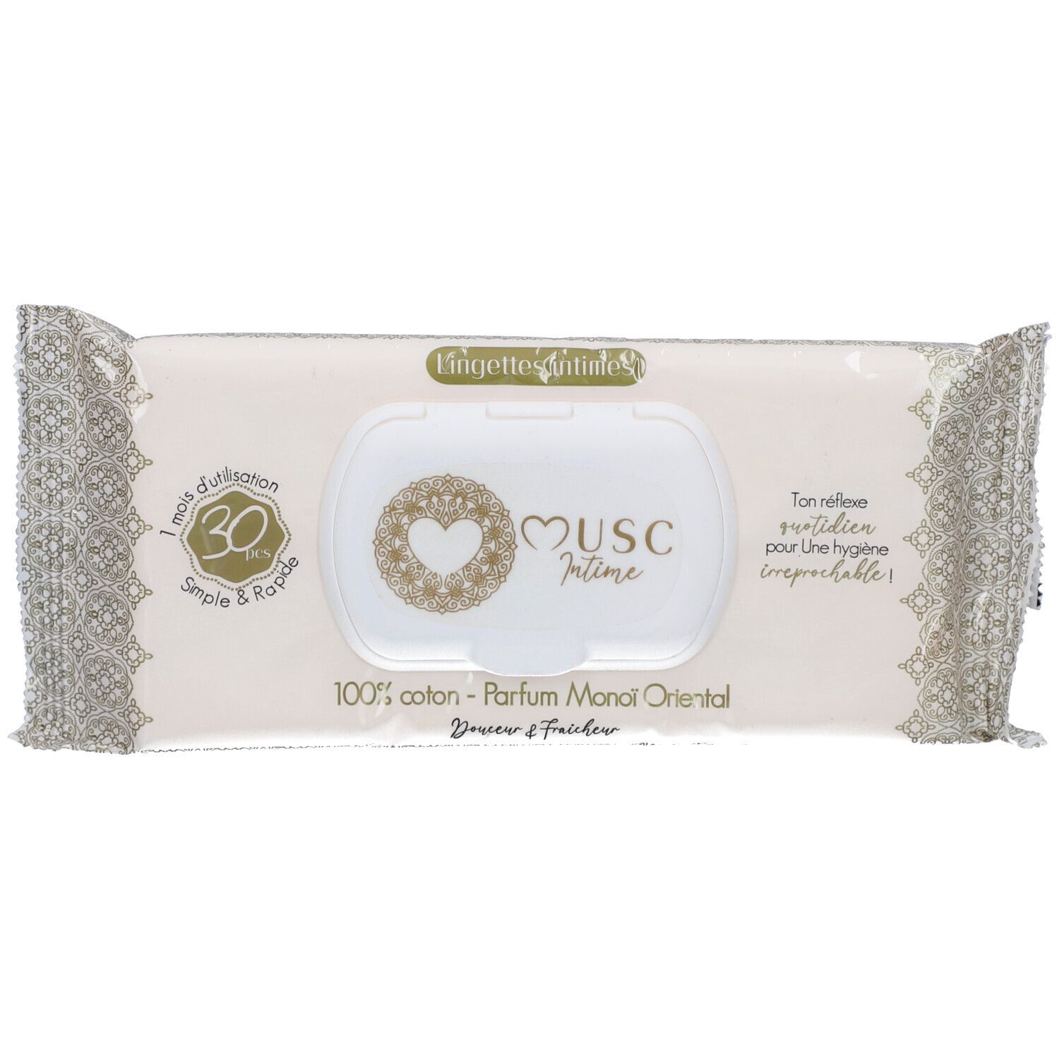 Packung Intim-Reinigungstücher. Weißes Etui mit Aufschrift "Musc Intime". Goldfarbene Verzierungen und Schrift.