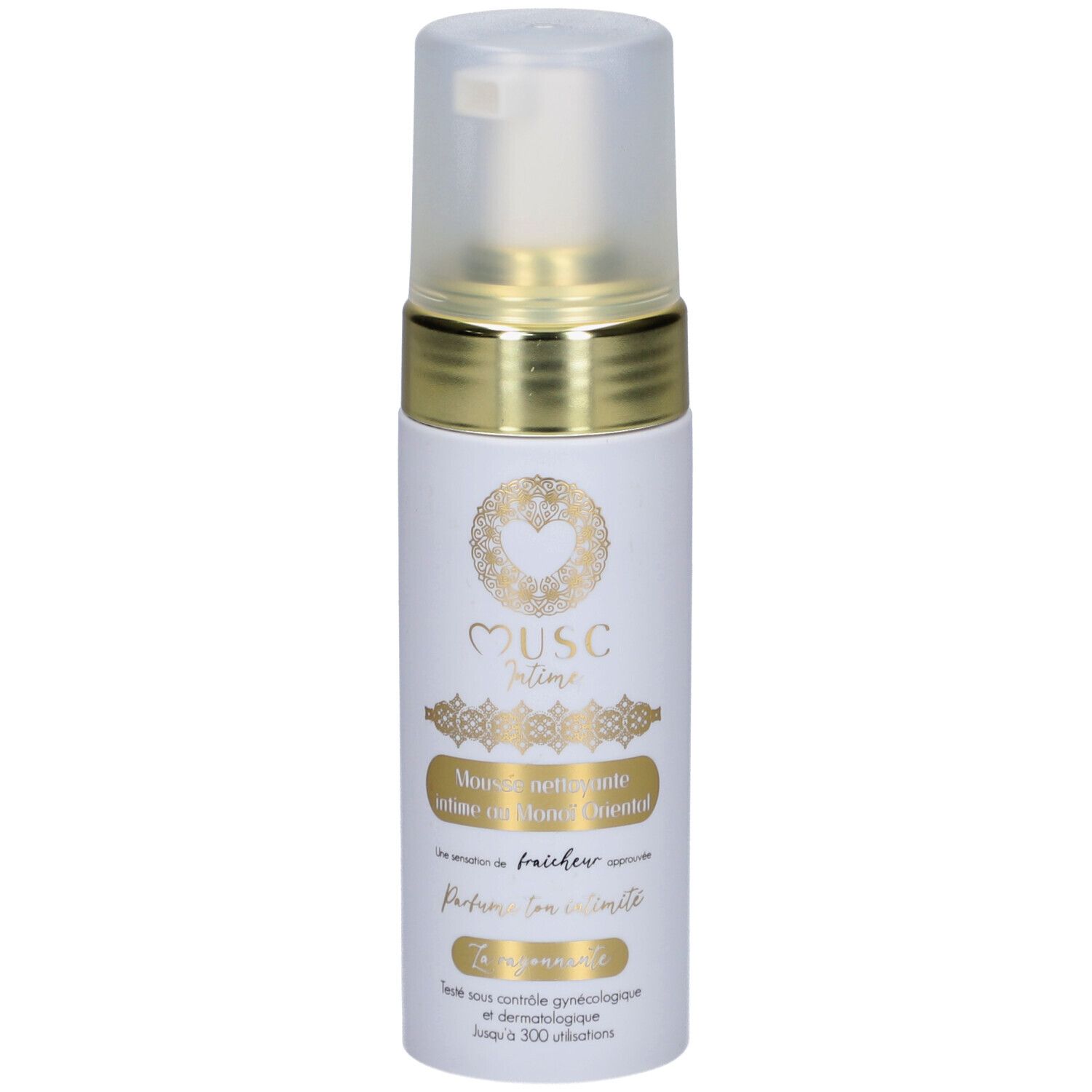 Weisse Flasche mit goldfarbenem Ring und Deckel. Aufschrift: Musc Intime, Mousse Nettoyante Intime Monoi Oriental.