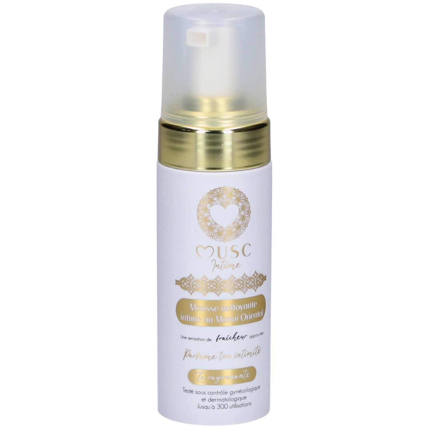 Weisse Flasche mit goldfarbenem Ring und Deckel. Aufschrift: Musc Intime, Mousse Nettoyante Intime Monoi Oriental.