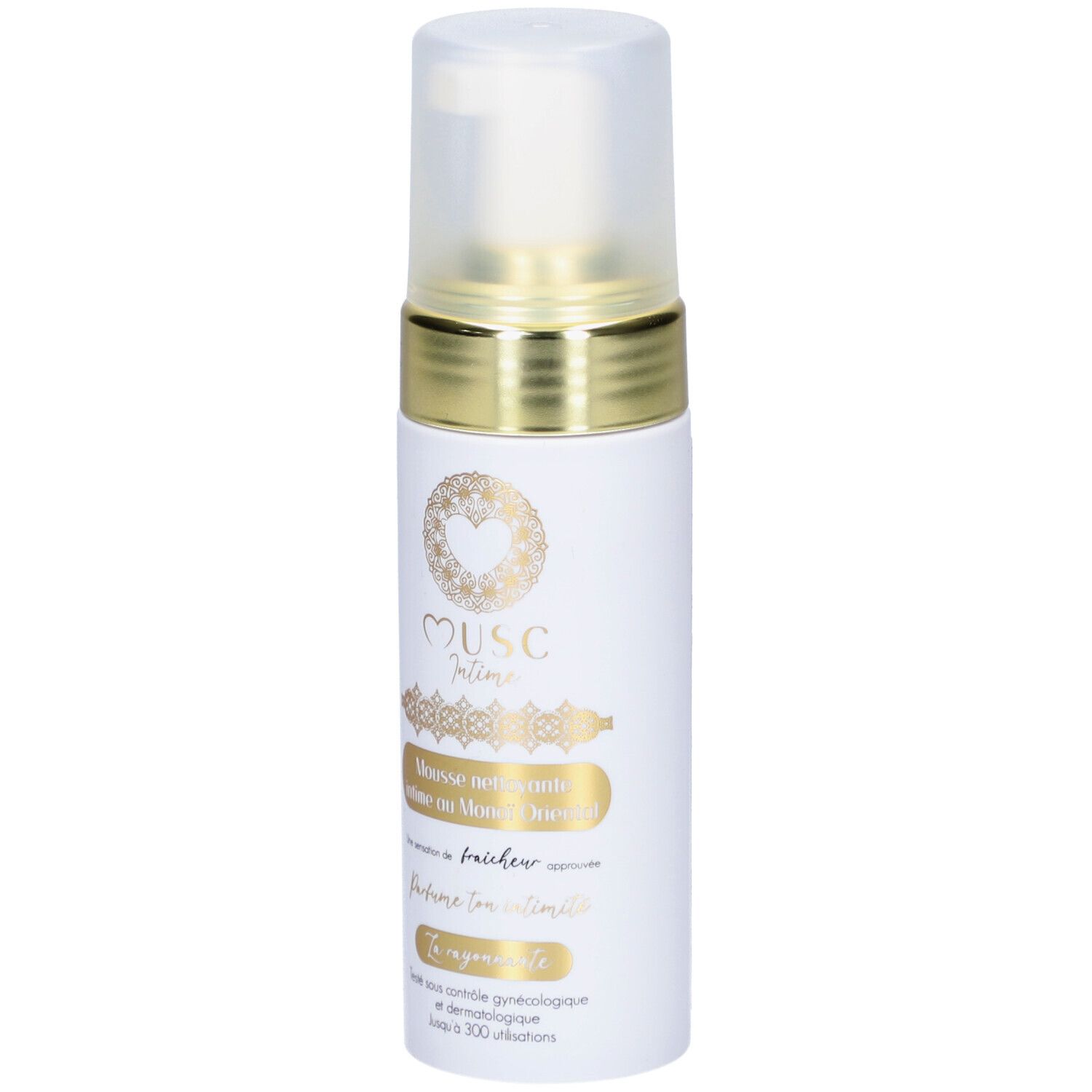 Weisse Flasche mit goldfarbenem Ring und Deckel. Aufschrift: Musc Intime, Mousse Nettoyante Intime Monoi Oriental.