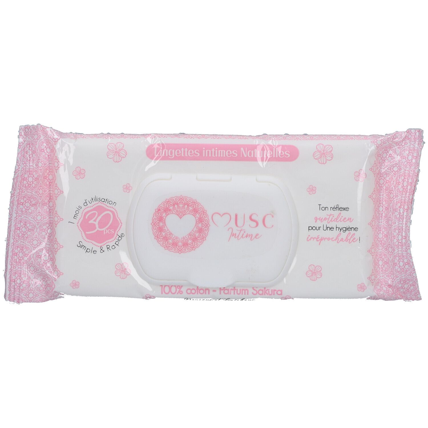 Rosa Verpackung mit "Musc Intime" Logo und "Lingettes Intimes". 30 Tücher, 100% Baumwolle, Sakura-Duft.