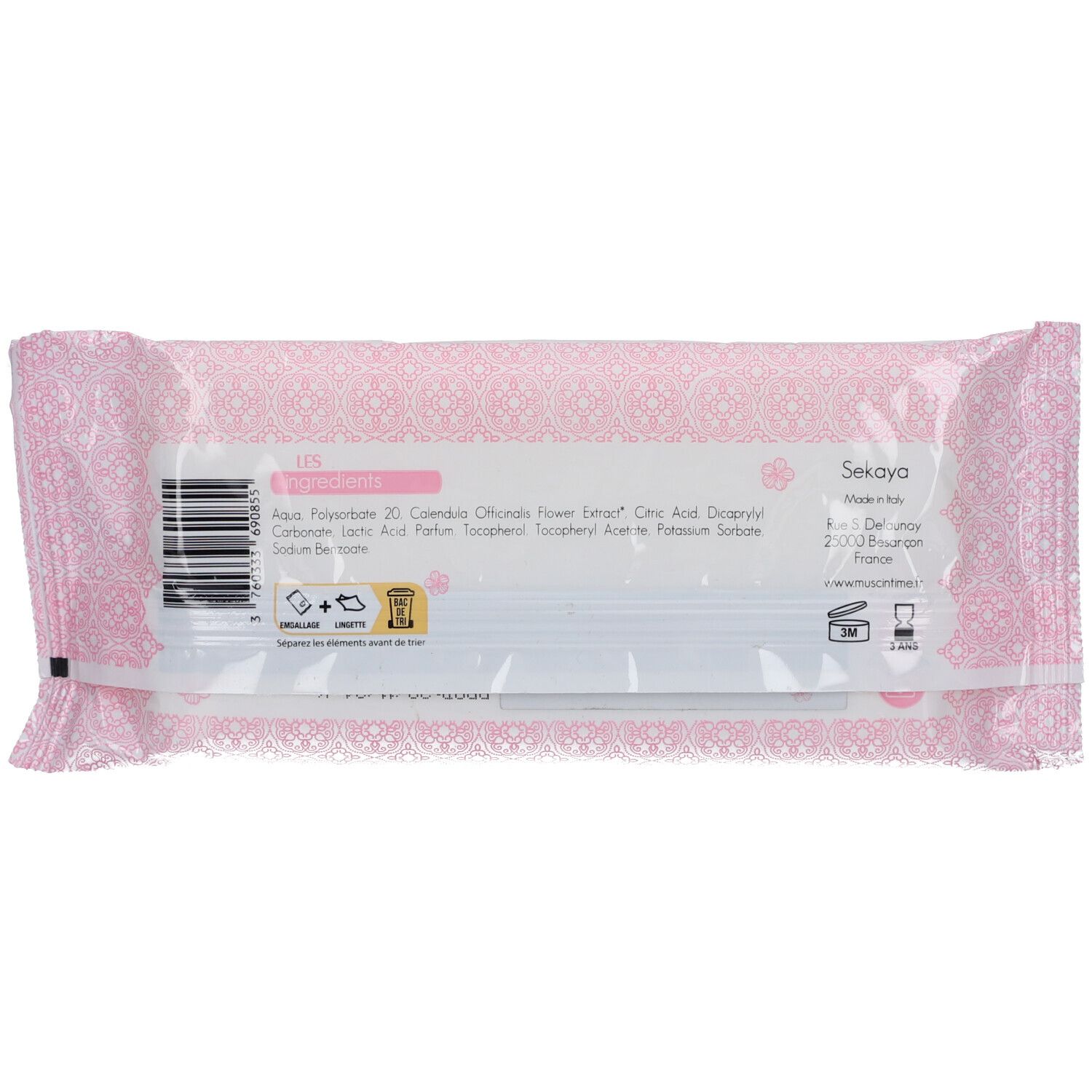 Rückseite der rosa Verpackung. Inhaltsstoffe, Herstellerinformationen und Recycling-Symbole.