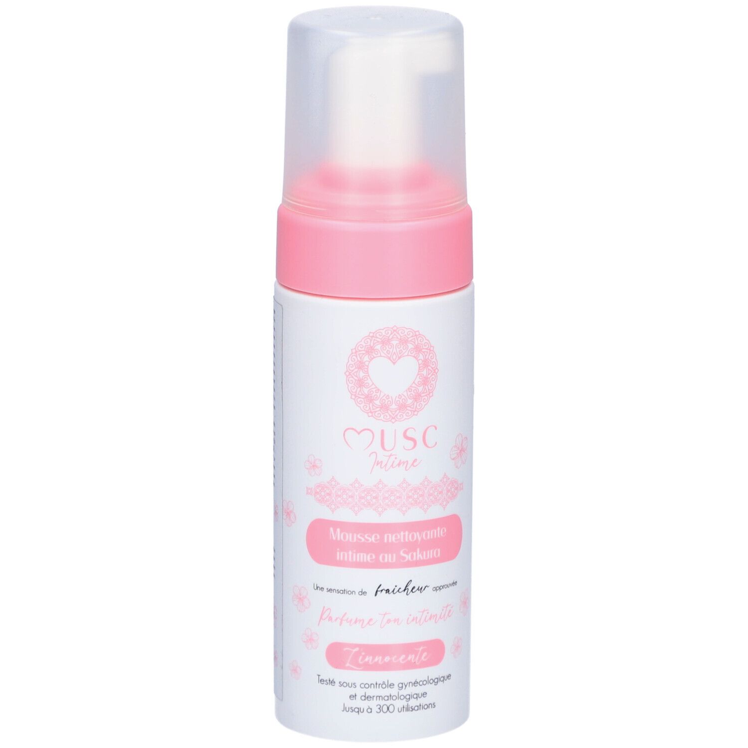 Weiß-rosa Flasche mit Sprühkopf. Text: Musc Intime, Mousse nettoyante intime au Sakura. Dermatologisch getestet.