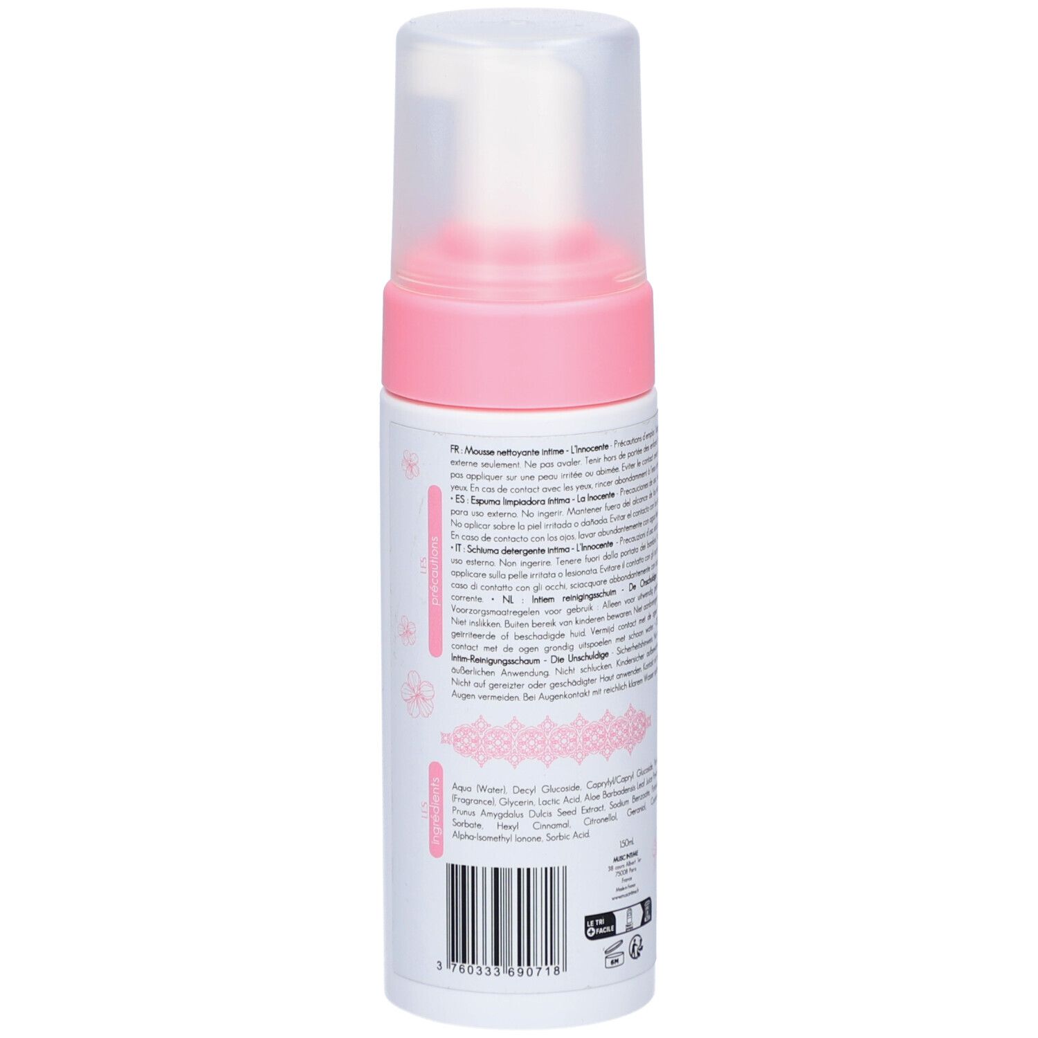 Rückseite der Flasche. Text in mehreren Sprachen. Inhaltsstoffe, Gebrauchsanweisung. Rosa Blütenmuster.