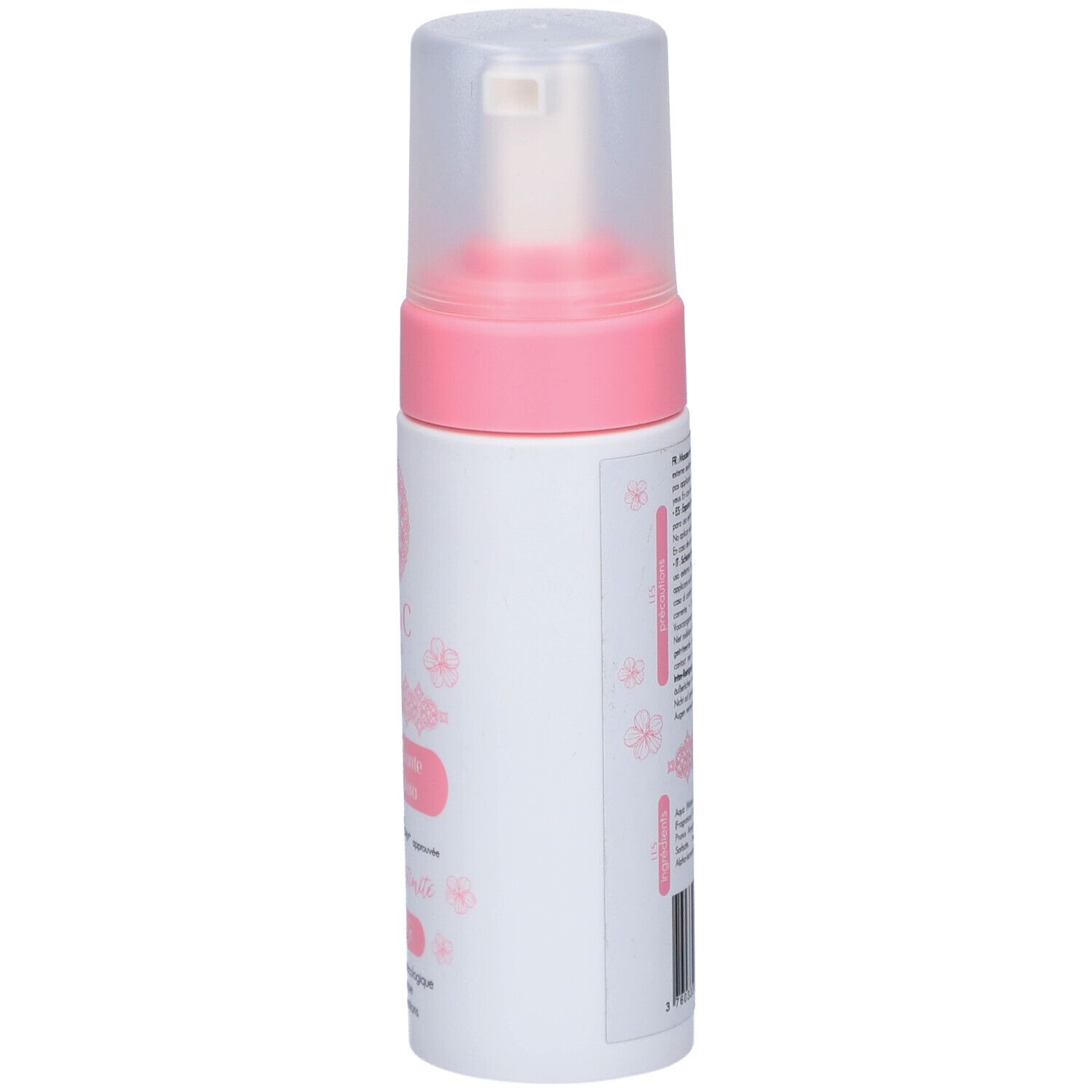 Seite der Flasche. Text und rosa Blütenmuster. Transparenter Sprühkopf.