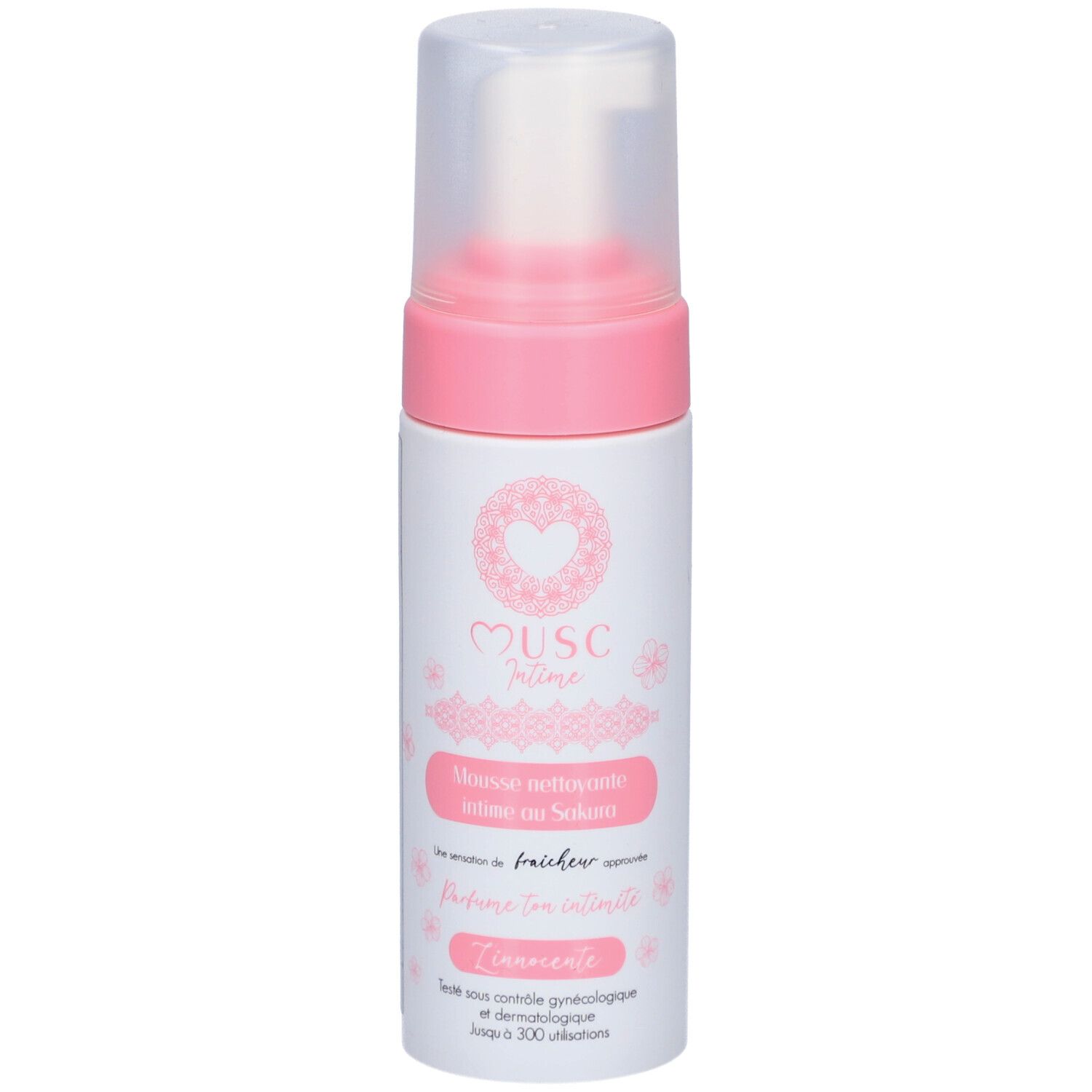 Weiß-rosa Flasche mit Sprühkopf. Text: Musc Intime, Mousse nettoyante intime au Sakura. Dermatologisch getestet.