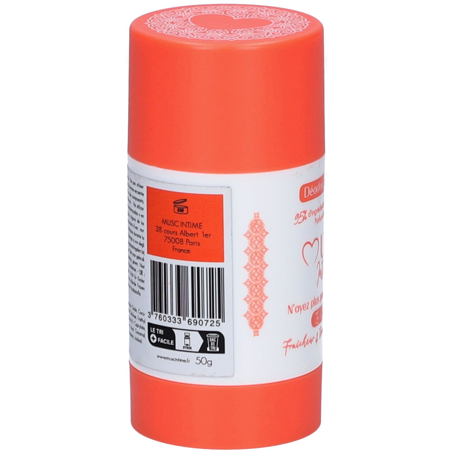 Deodorant-Stick. Rückseite. Orangefarbener Behälter mit weißem Etikett. Text: Musc Intime, Adresse, Barcode, 50g.
