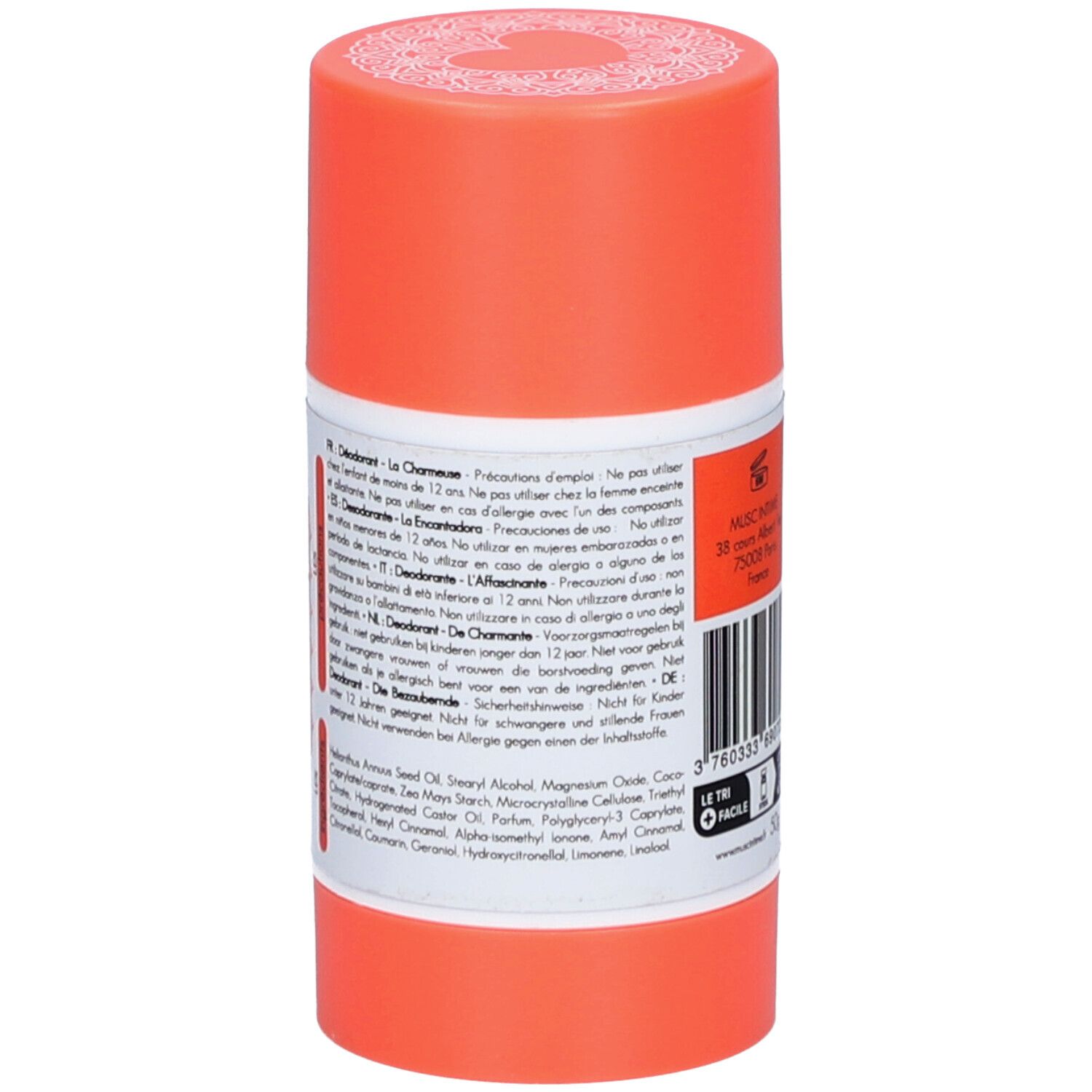 Deodorant-Stick. Rückseite. Orangefarbener Behälter mit weißem Etikett. Text: Vorsichtsmaßnahmen, Inhaltsstoffe. Französische Beschriftung.
