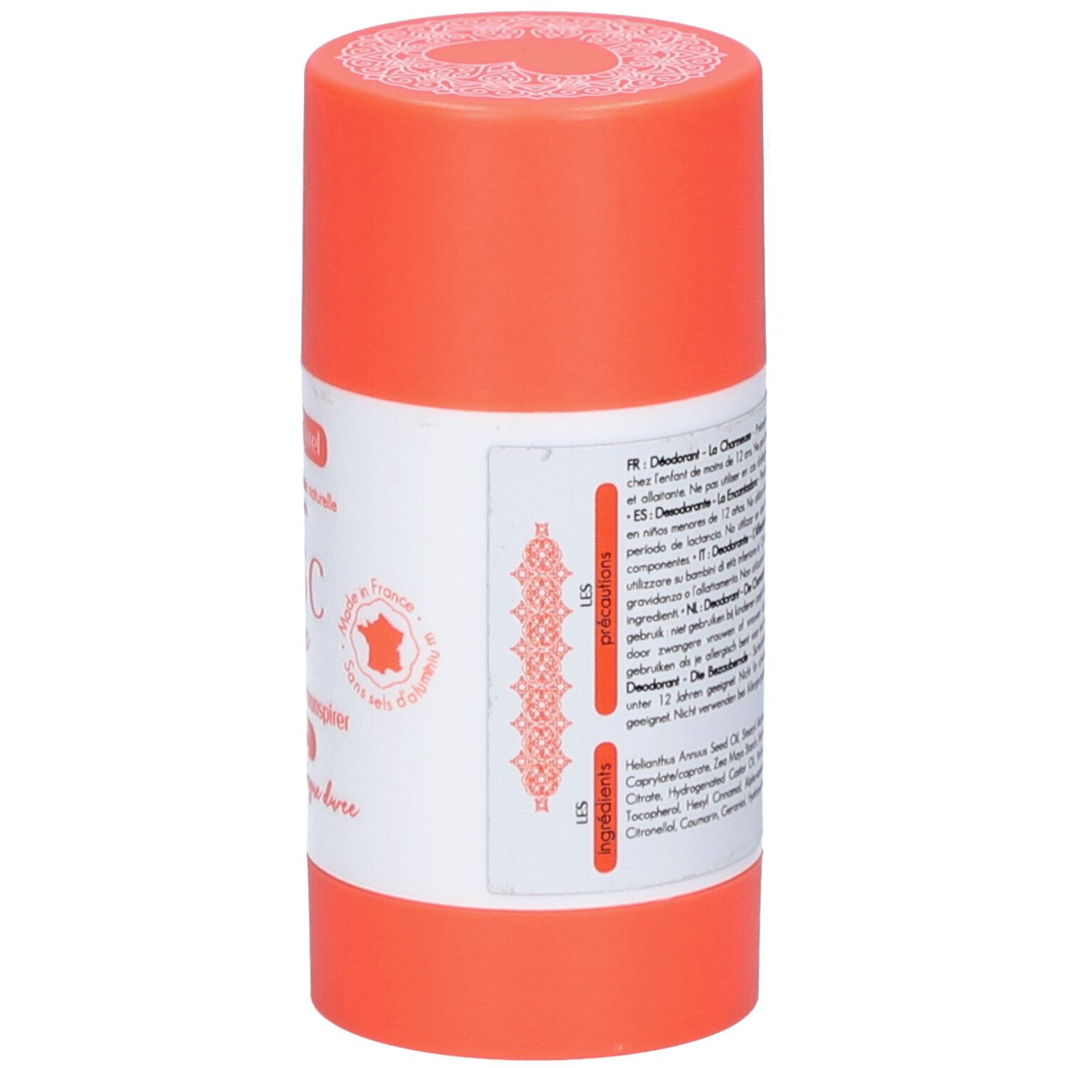 Deodorant-Stick. Rückseite. Orangefarbener Behälter mit weißem Etikett. Text: Musc Intime, Inhaltsstoffe. Französische Beschriftung.