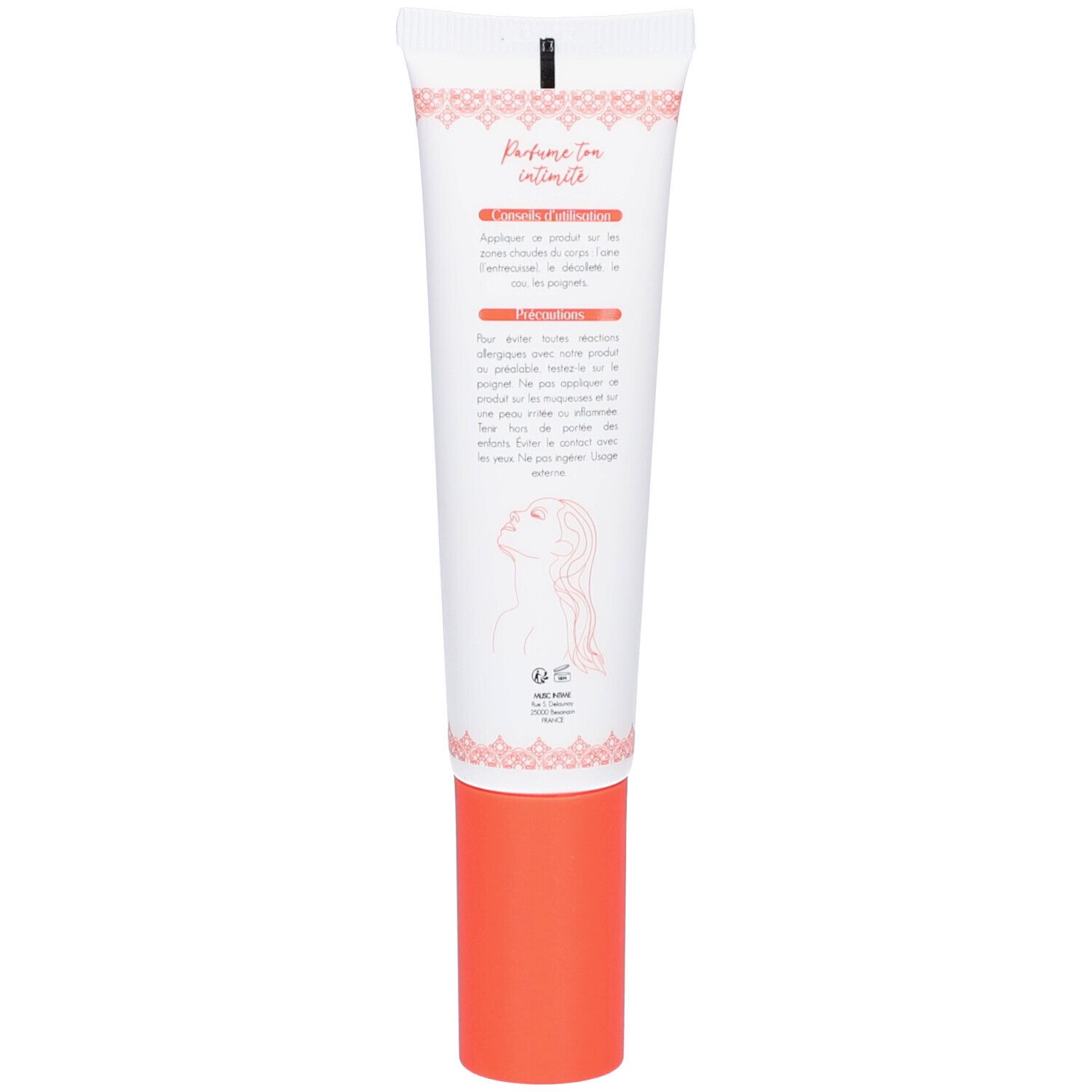 Dos du tube. Texte: Parfume ton intimité. Illustration d'une femme. Bouchon orange.