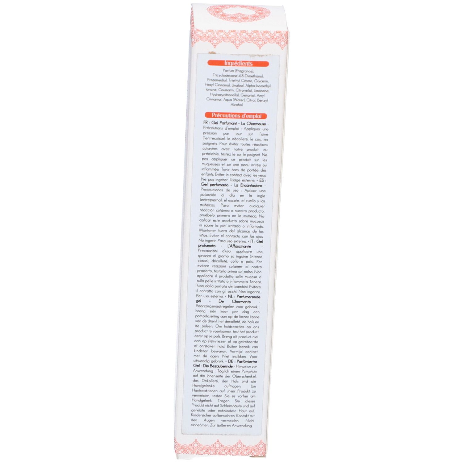 Emballage du produit. Blanc avec texte. Texte en plusieurs langues. Ingrédients et instructions d'utilisation.