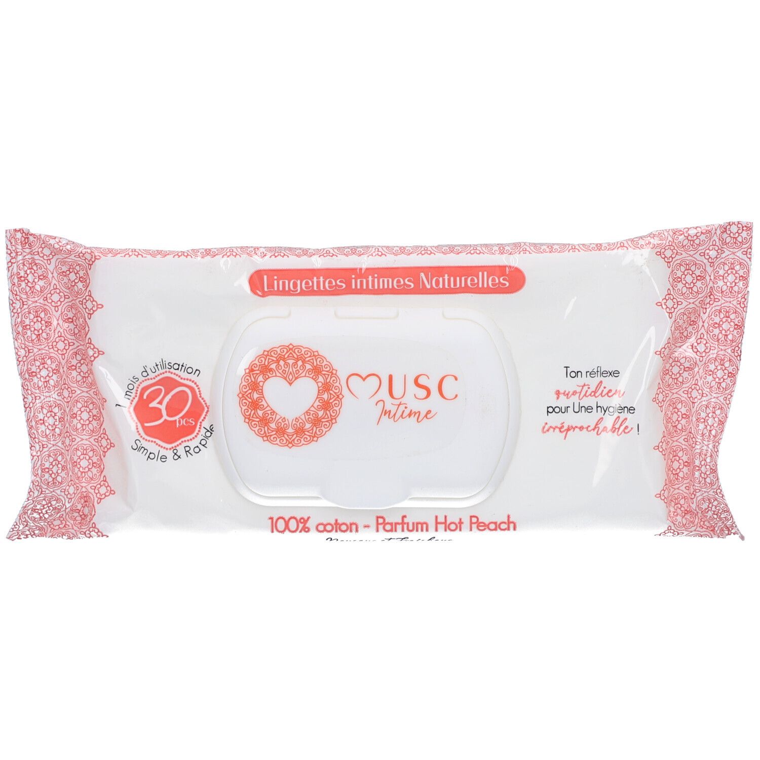 Paquet de lingettes intimes. Inscription "Musc Intime", "Hot Peach". Design rose et blanc, 30 lingettes.