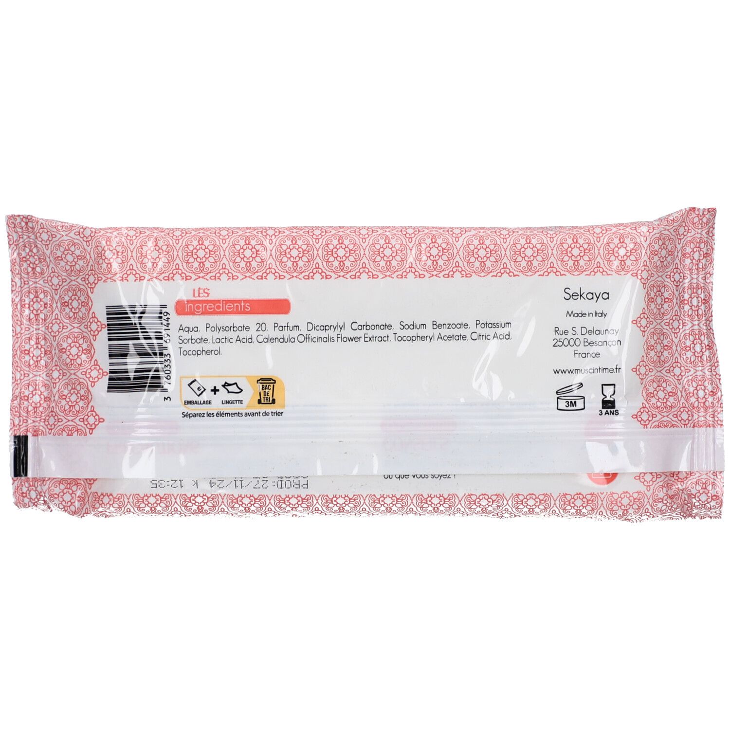 Dos du paquet avec ingrédients et informations fabricant. Motif rose et blanc.