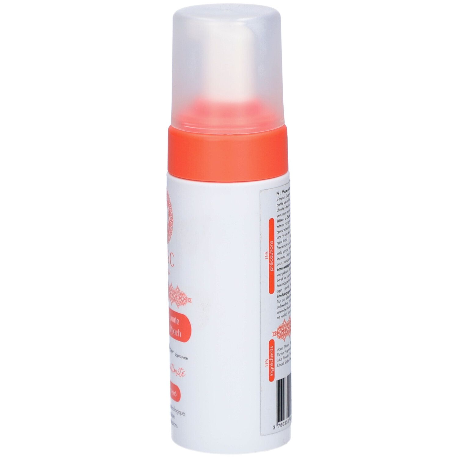 Flacon blanc avec texte et anneau orange. Texte multilingue. Bouchon transparent. Vue latérale.