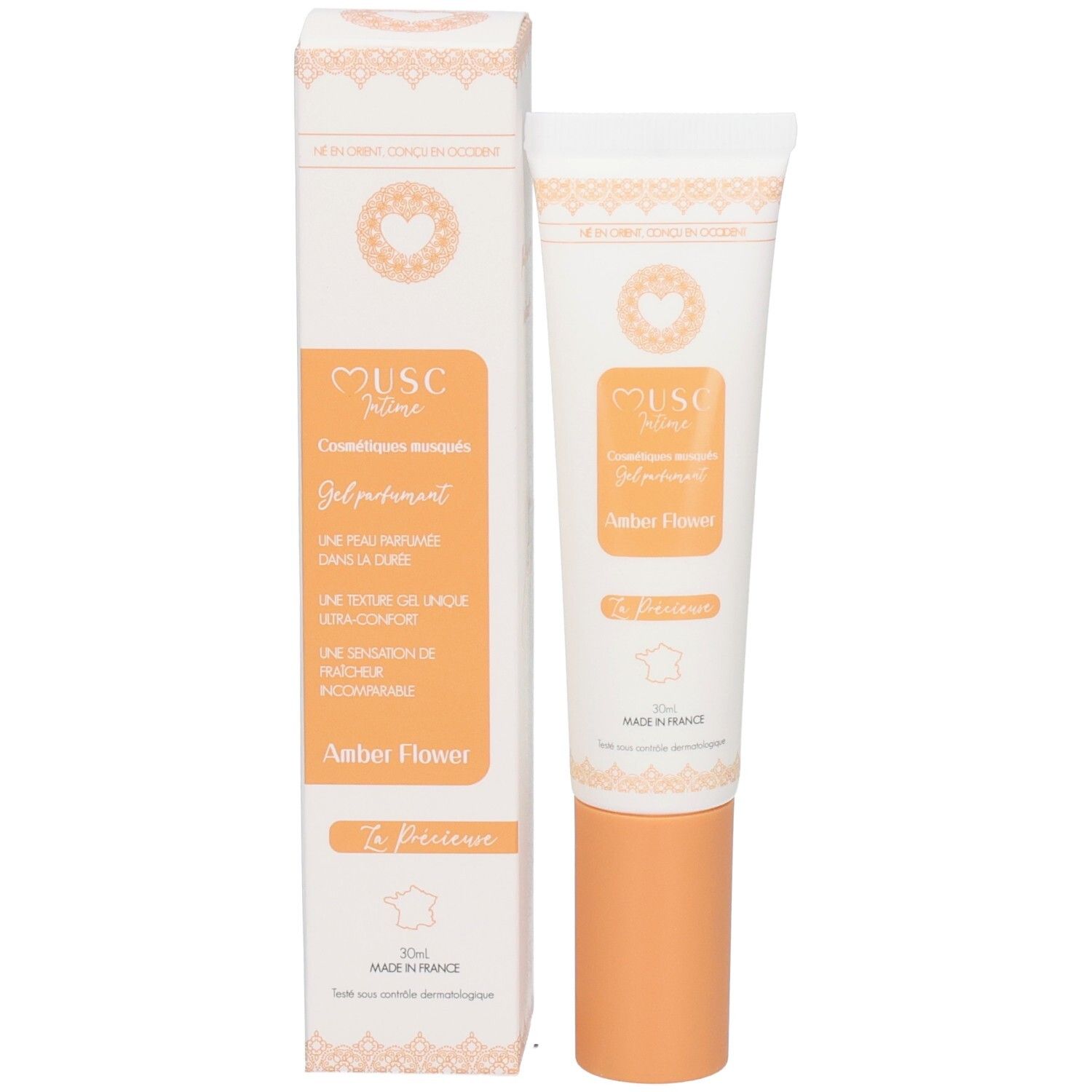 MUSC Intime Amber Flower Gel parfumé Tube mit orangefarbenem Verschluss und Faltschachtel.