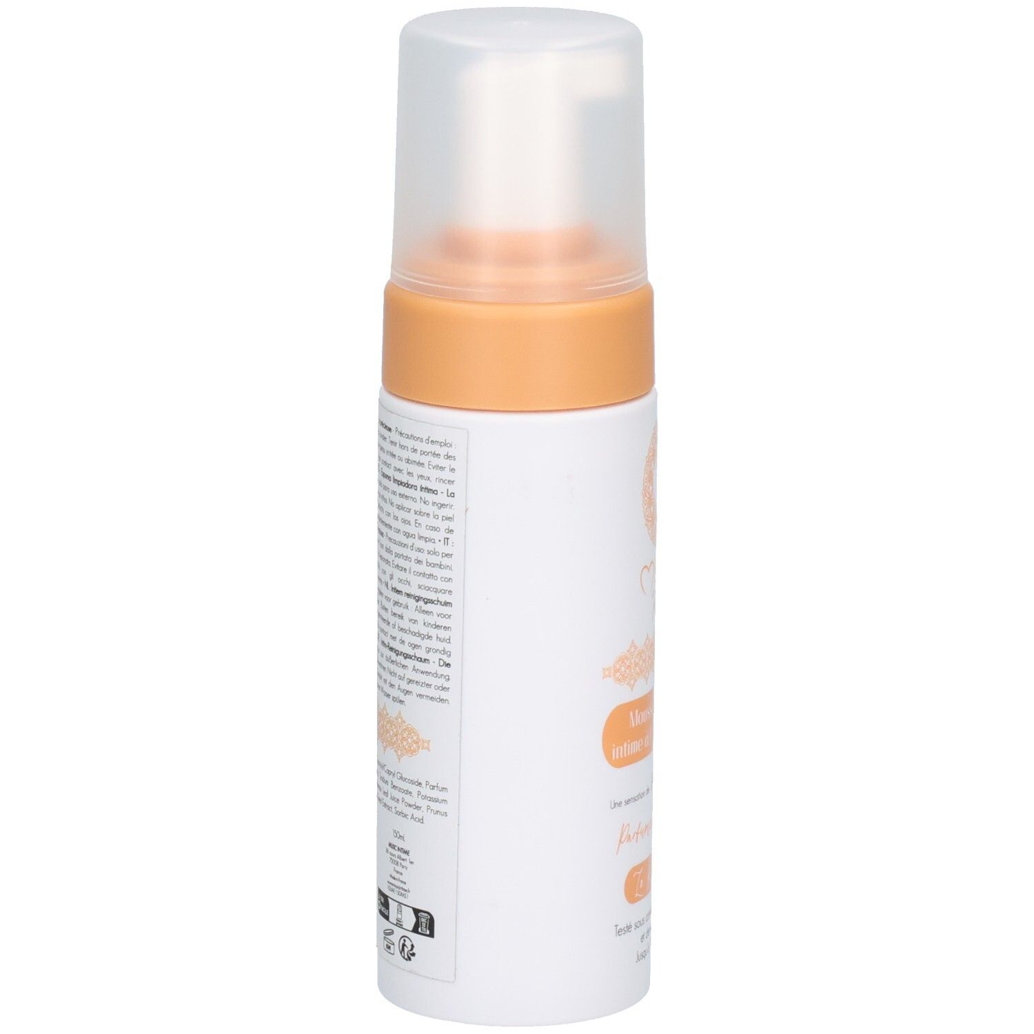 Flacon blanc et orange, vue latérale. Texte au dos. Pompe transparente. Nom du produit et logo non visibles.