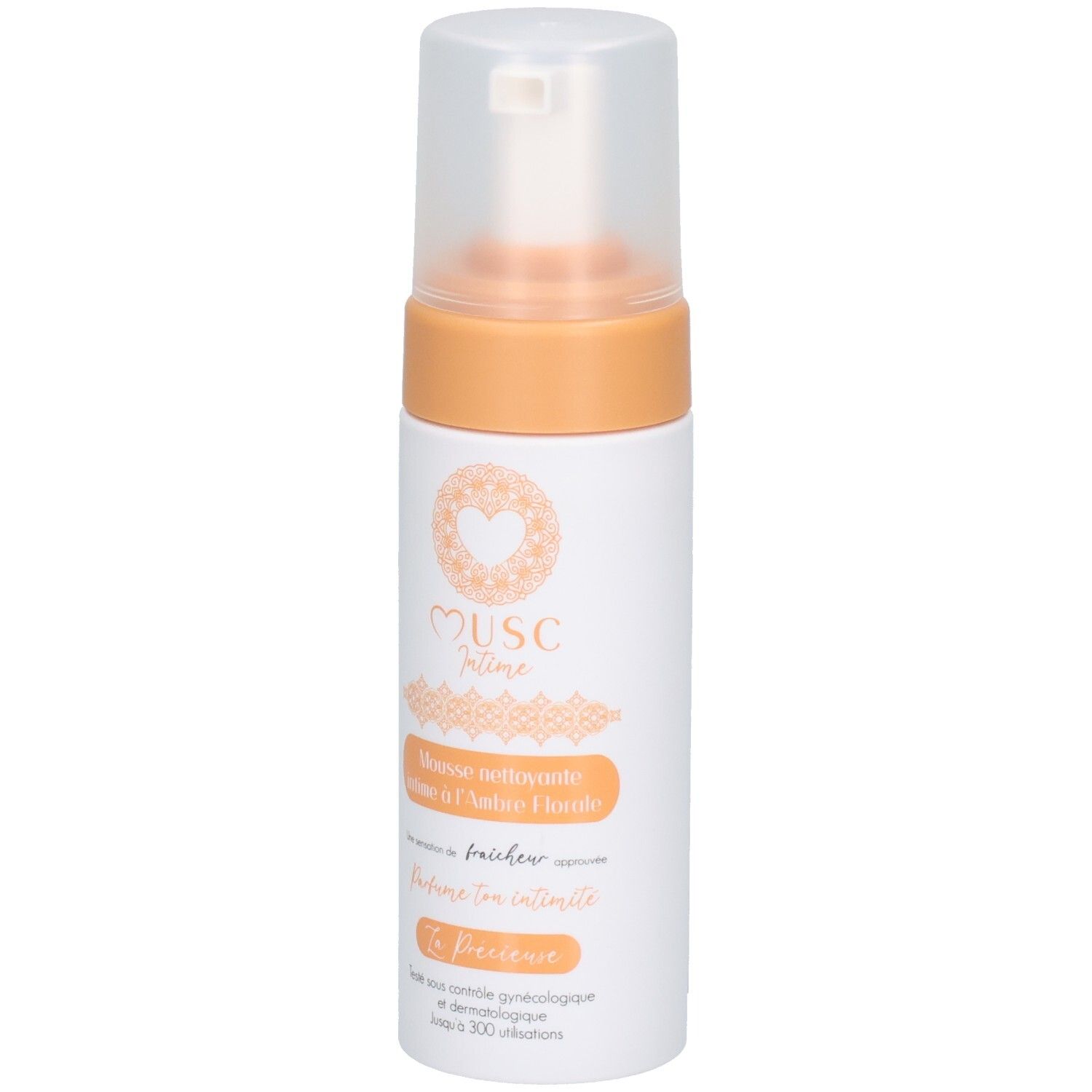 Flacon blanc et orange avec pompe. Inscription: Musc Intime, Mousse nettoyante intime à l'Ambre Florale. Nom du produit et logo.