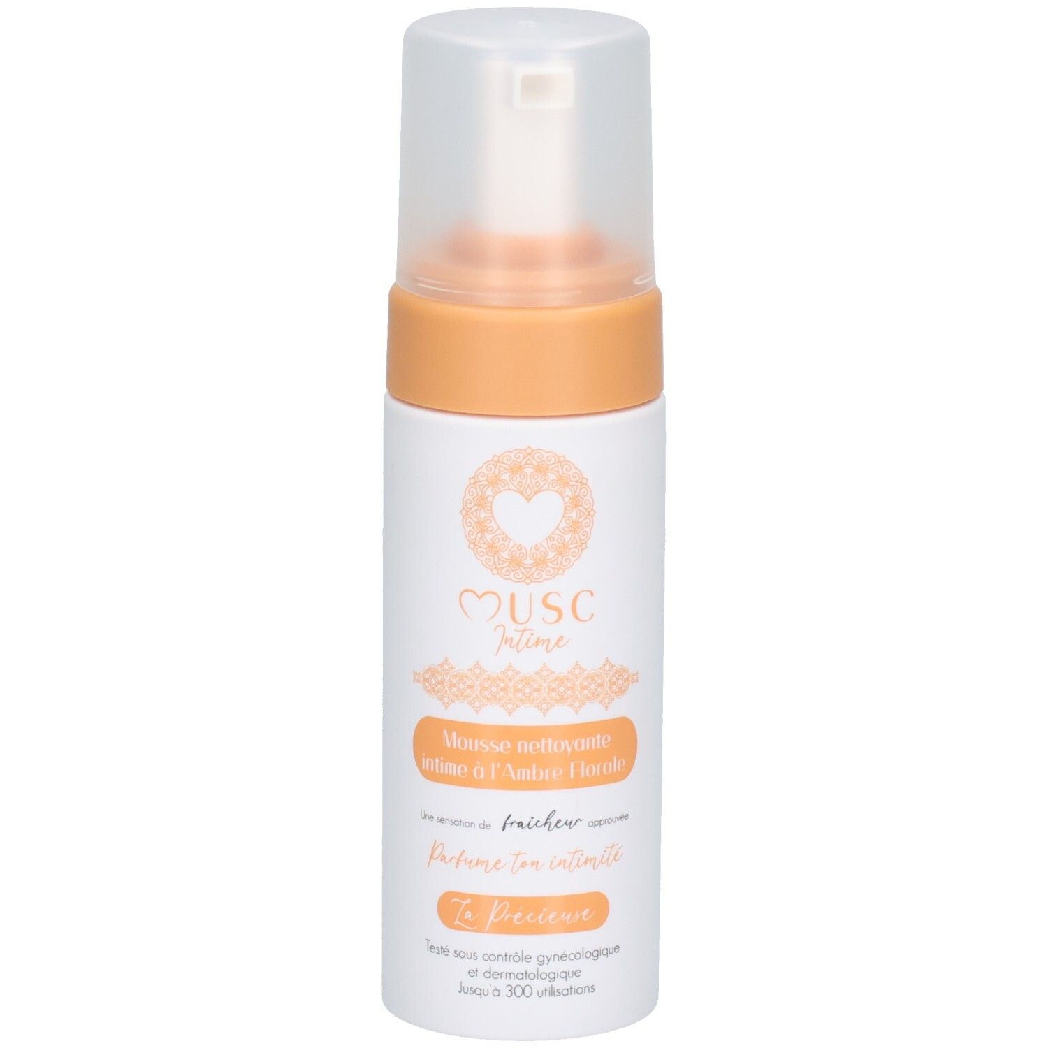 Flacon blanc et orange avec pompe. Inscription: Musc Intime, Mousse nettoyante intime à l'Ambre Florale. Nom du produit et logo.
