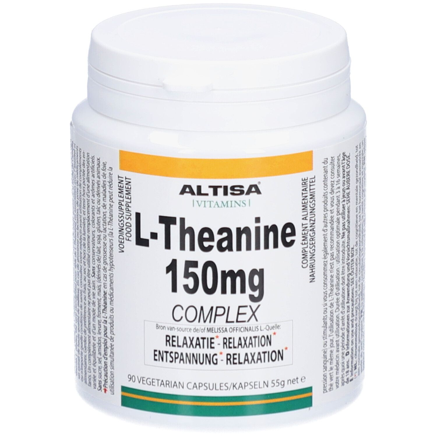 Weißes Pillenbehälter mit Aufschrift 'ALTISA L-Theanine 150mg COMPLEX'. 90 Kapseln. Deckel oben.