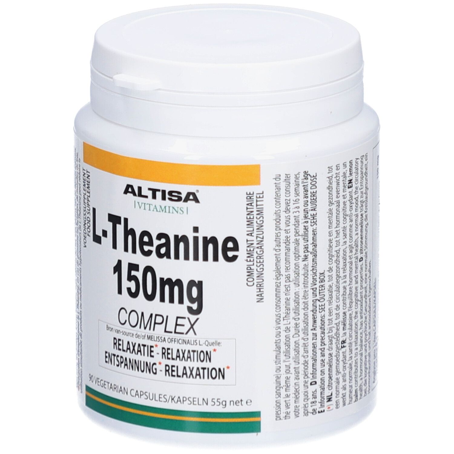 Weißes Pillenbehälter mit Aufschrift 'ALTISA L-Theanine 150mg COMPLEX'. 90 Kapseln. Deckel oben.