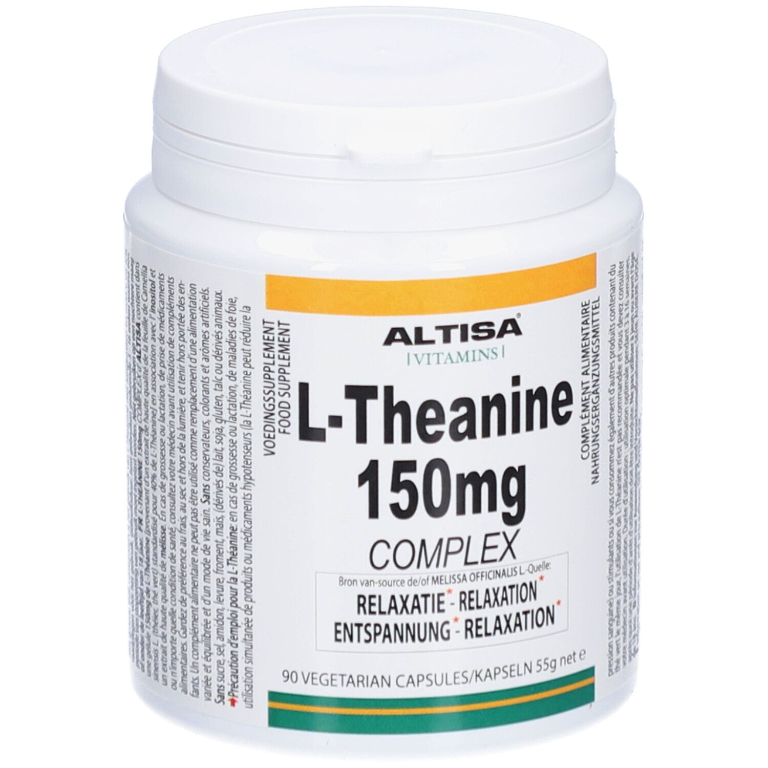 Weißes Pillenbehälter mit Aufschrift 'ALTISA L-Theanine 150mg COMPLEX'. 90 Kapseln. Deckel oben.