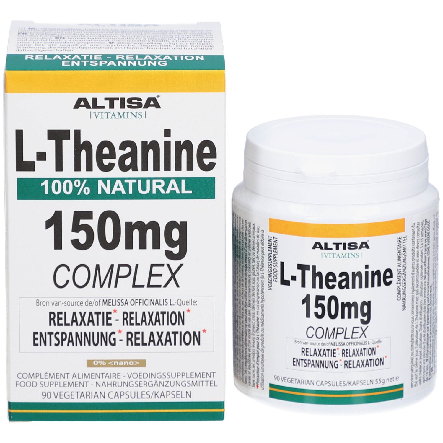Produktverpackung mit Dose und Schachtel. Aufschrift 'ALTISA L-Theanine 150mg COMPLEX'. 90 Kapseln. Grün-weiß.