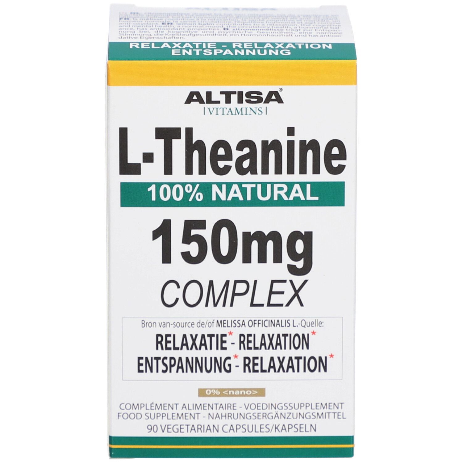 Produktverpackung, Schachtel. Aufschrift 'ALTISA L-Theanine 150mg COMPLEX'. 90 Kapseln. Grün-weiß.