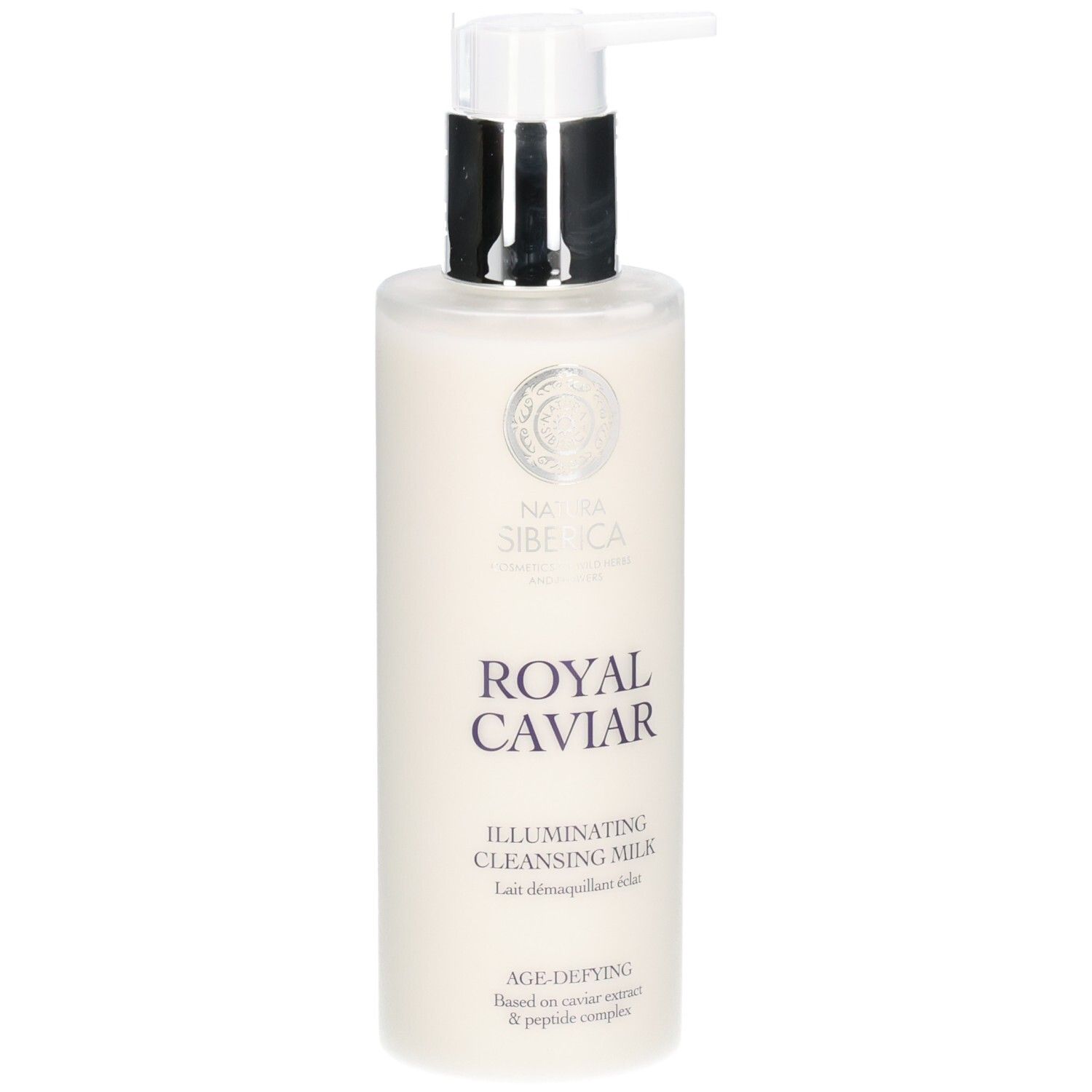 Cremige Flasche mit Pumpverschluss. Aufschrift: Royal Caviar Illuminating Cleansing Milk. Marke: Natura Siberica.