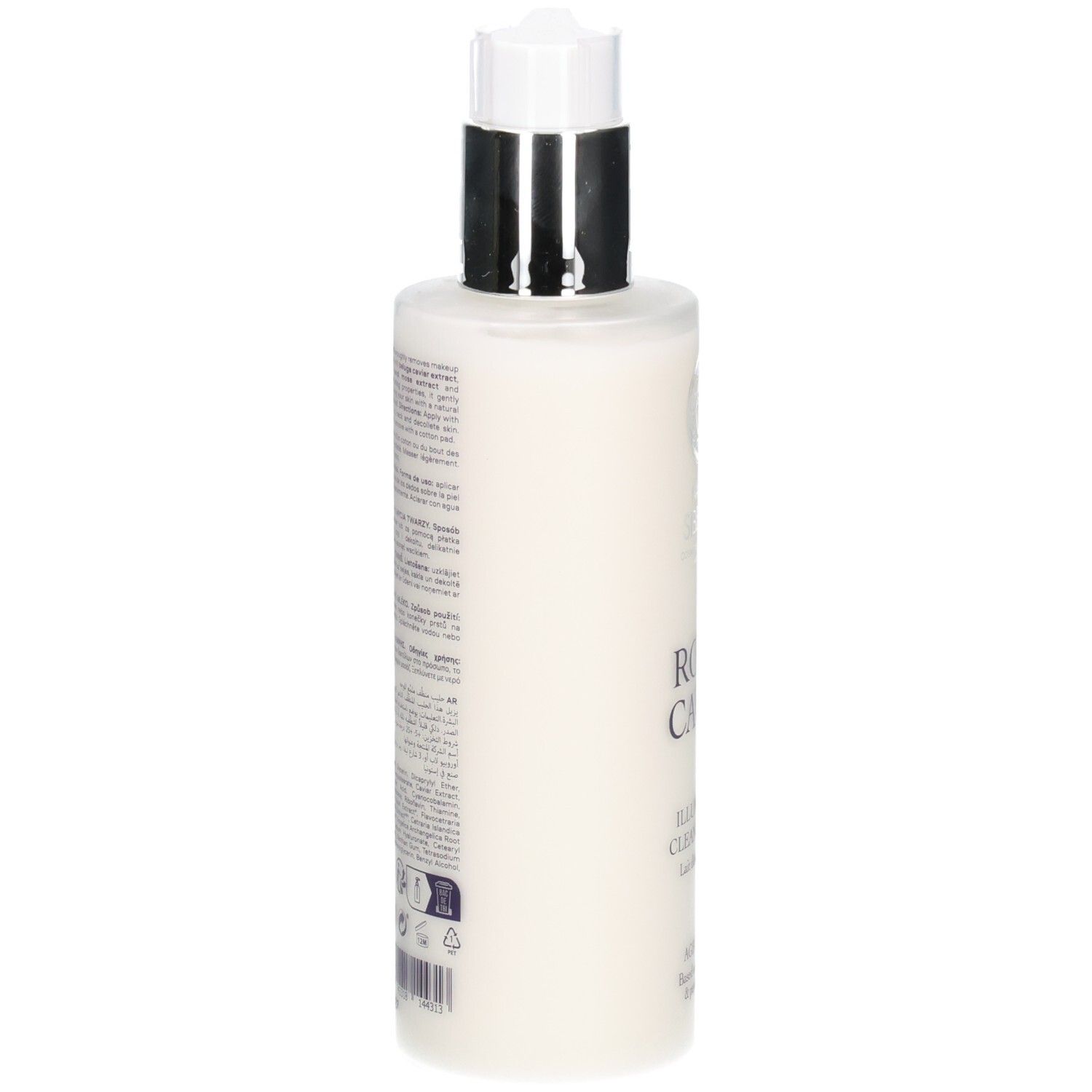 Rückseite der Flasche. Text in mehreren Sprachen. Produktname: Royal Caviar Illuminating Cleansing Milk.