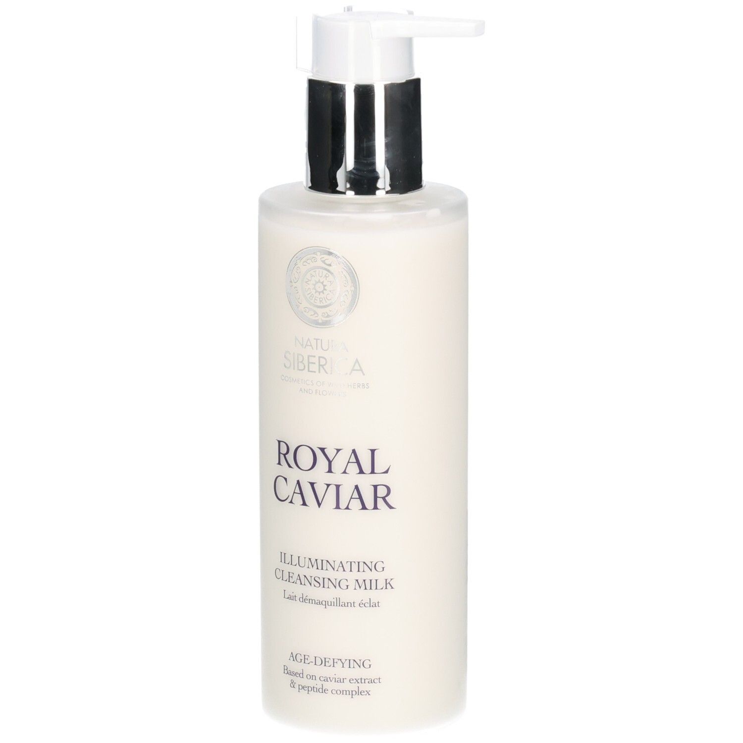 Cremige Flasche mit Pumpverschluss. Aufschrift: Royal Caviar Illuminating Cleansing Milk. Marke: Natura Siberica.